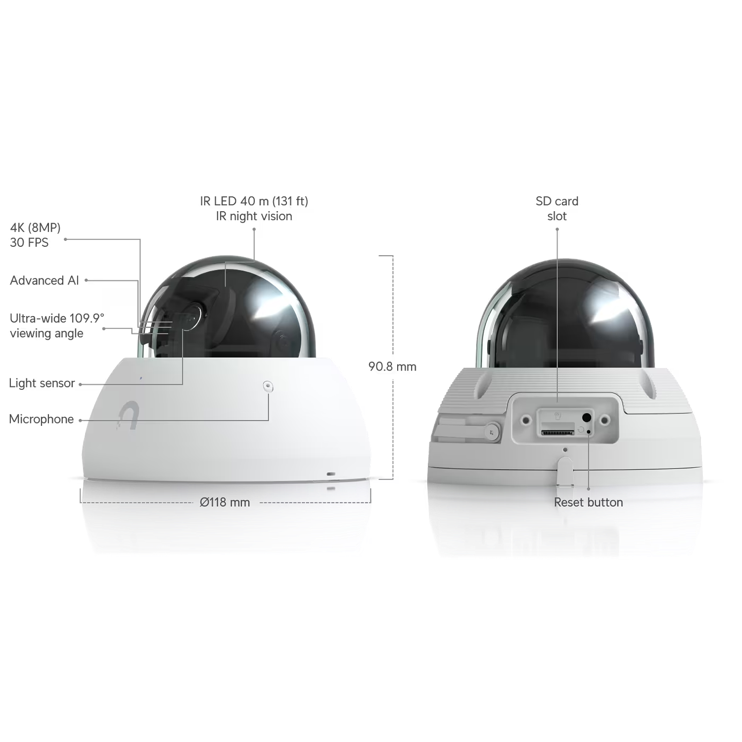 Ubiquiti UVC-AI-Dome-W Cámara Domo Antivandálica 4K, 8 MP, PoE, IP66, IK10, Visión Nocturna IR, IA, Blanco 9