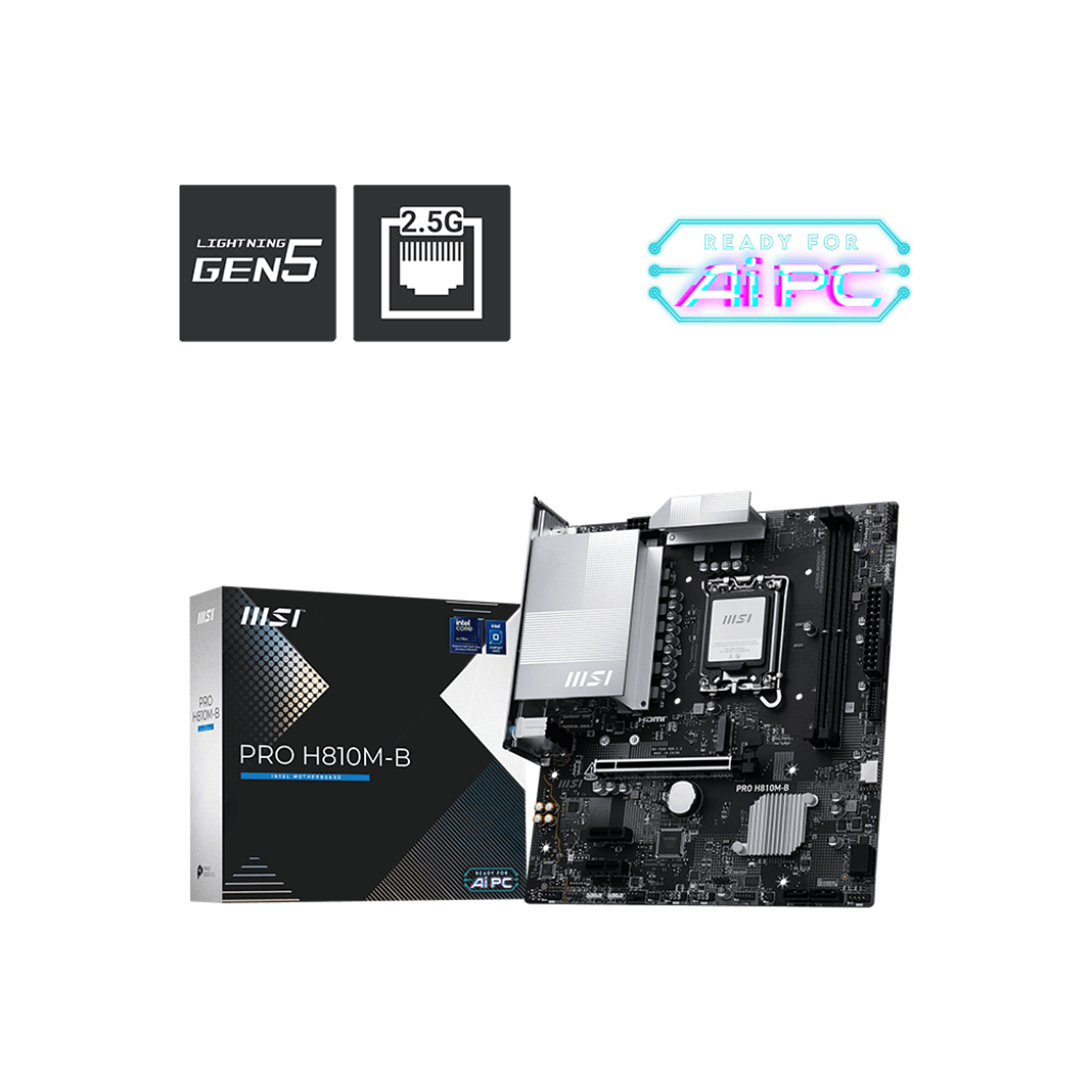 MSI PRO H810M-B, Placa Madre mATX, Chipset Intel H810, Socket LGA 1851, Compatible Core Ultra Serie 2, DDR5 6400, PCIe 5.0, LAN 2.5G 3