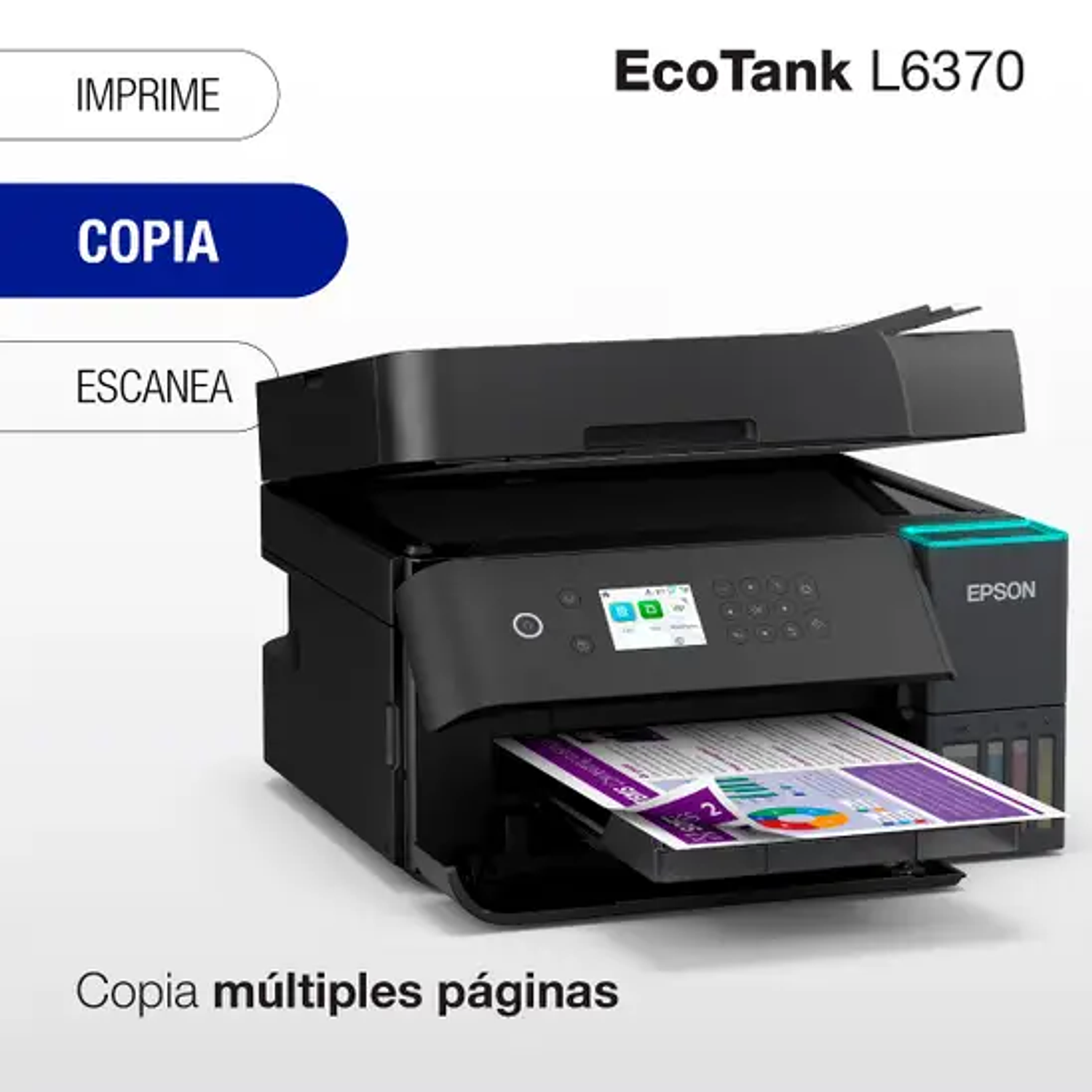 Epson EcoTank L6370 Impresora Multifuncional Escáner Copiadora a Color, Inyección de Tinta, Wi-Fi, USB, Dúplex Automático, A4, Alto Rendimiento 4