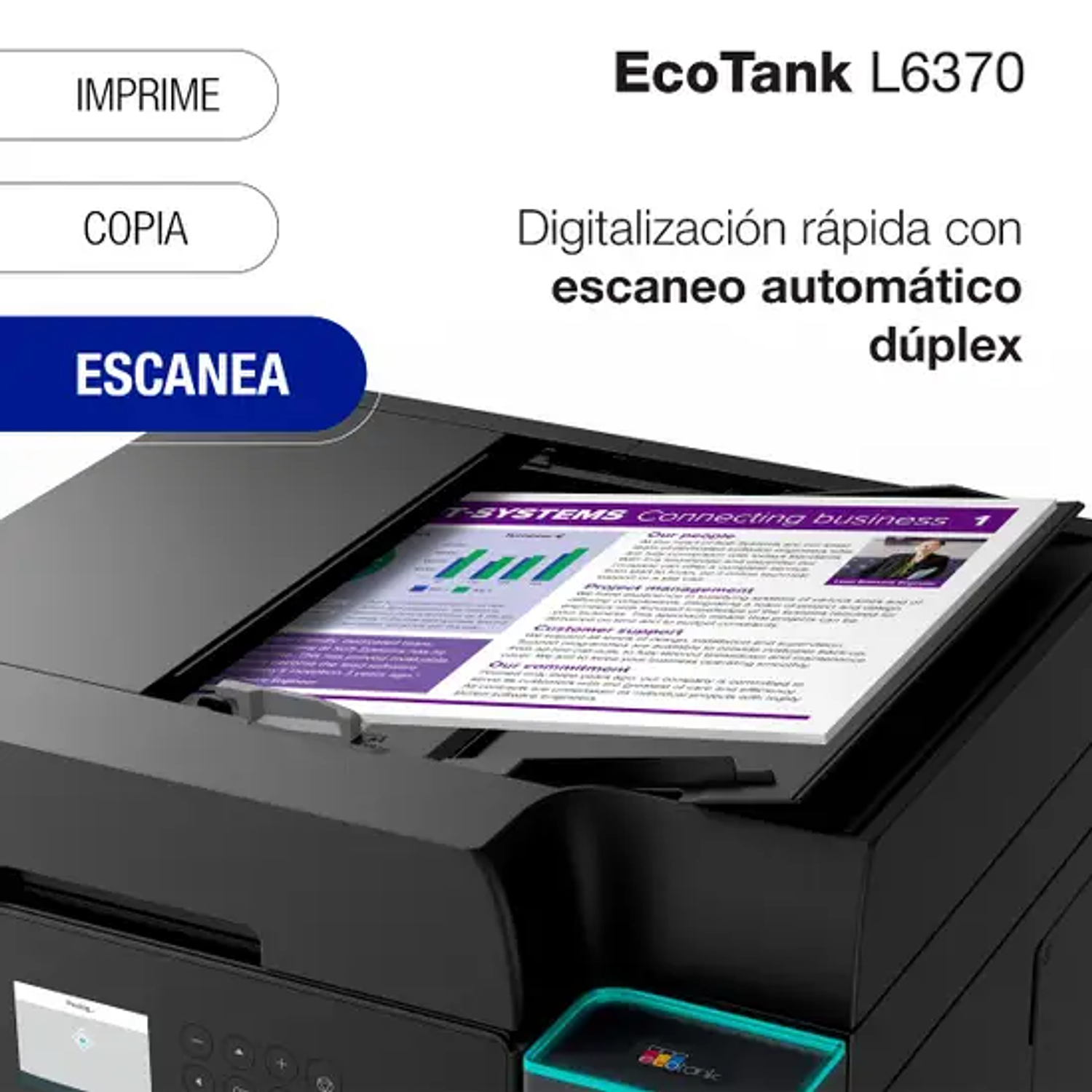 Epson EcoTank L6370 Impresora Multifuncional Escáner Copiadora a Color, Inyección de Tinta, Wi-Fi, USB, Dúplex Automático, A4, Alto Rendimiento 5