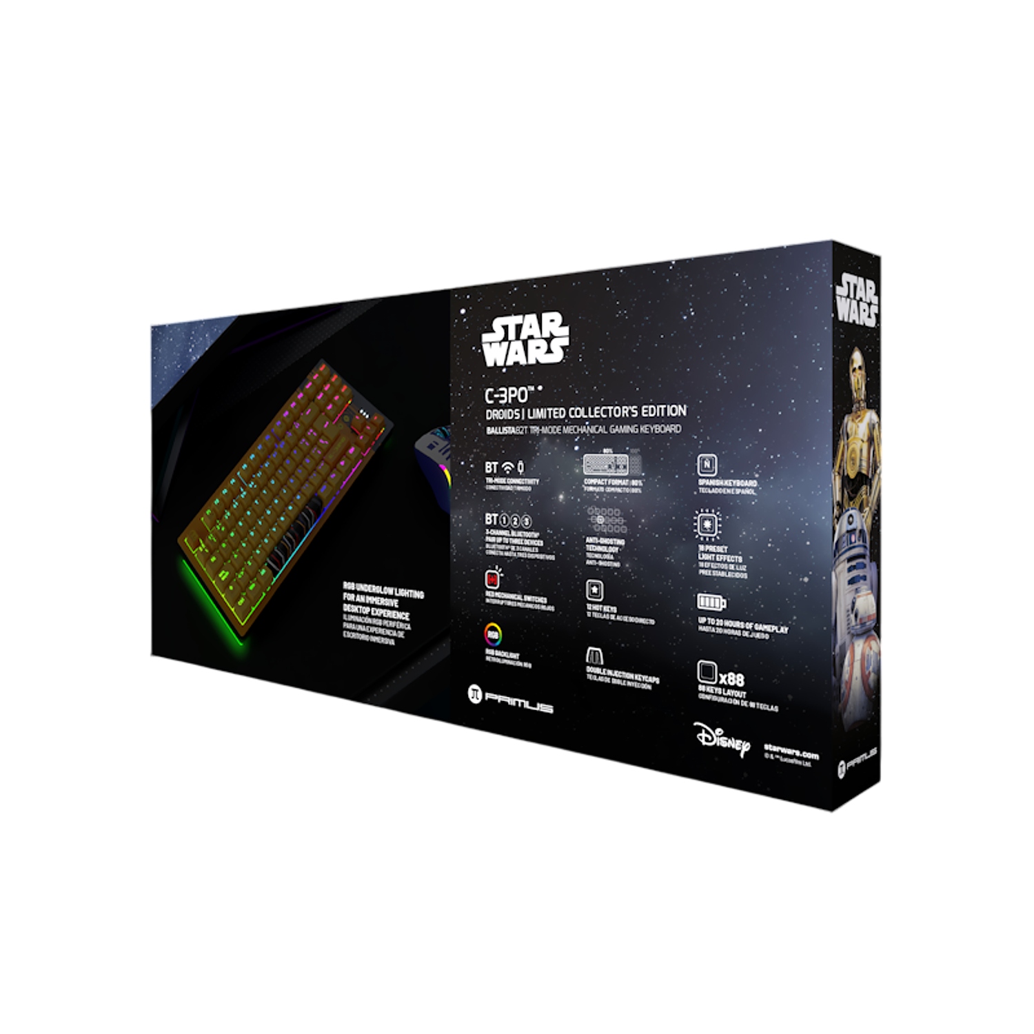 Primus Gaming Teclado Mecánico Gamer C3PO Edition, Inalámbrico y Cableado, RGB, Trímodo 2.4 GHz Bluetooth USB, Switch Rojo, Español Latino, Diseño Ergonómico 7