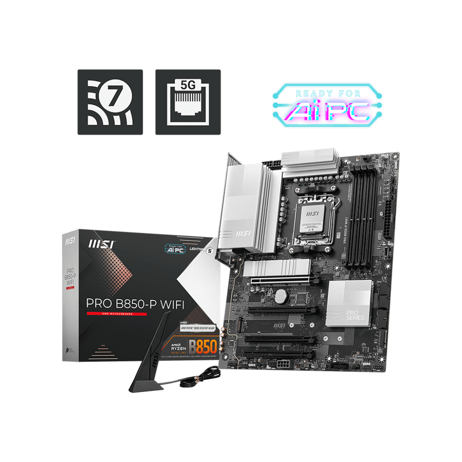 MSI PRO B850-P WIFI Placa Madre ATX AMD AM5, Chipset B850, Compatible Ryzen 9000 8000 7000, DDR5 hasta 8200MHz, PCIe 5.0, Wi-Fi 7, Bluetooth 5.4, 5G LAN 1
