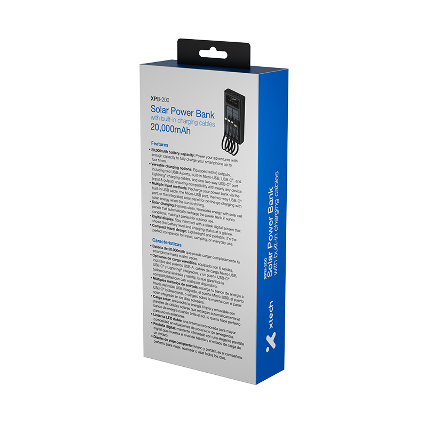 Xtech XPB-200 Banco de Energía Solar 20.000mAh, Power Bank Universal, USB-C 24 pin, USB-A 4 pin, Micro-USB 5 pin, Batería Litio Polímero, Linterna LED, Carga Rápida, Negro 6