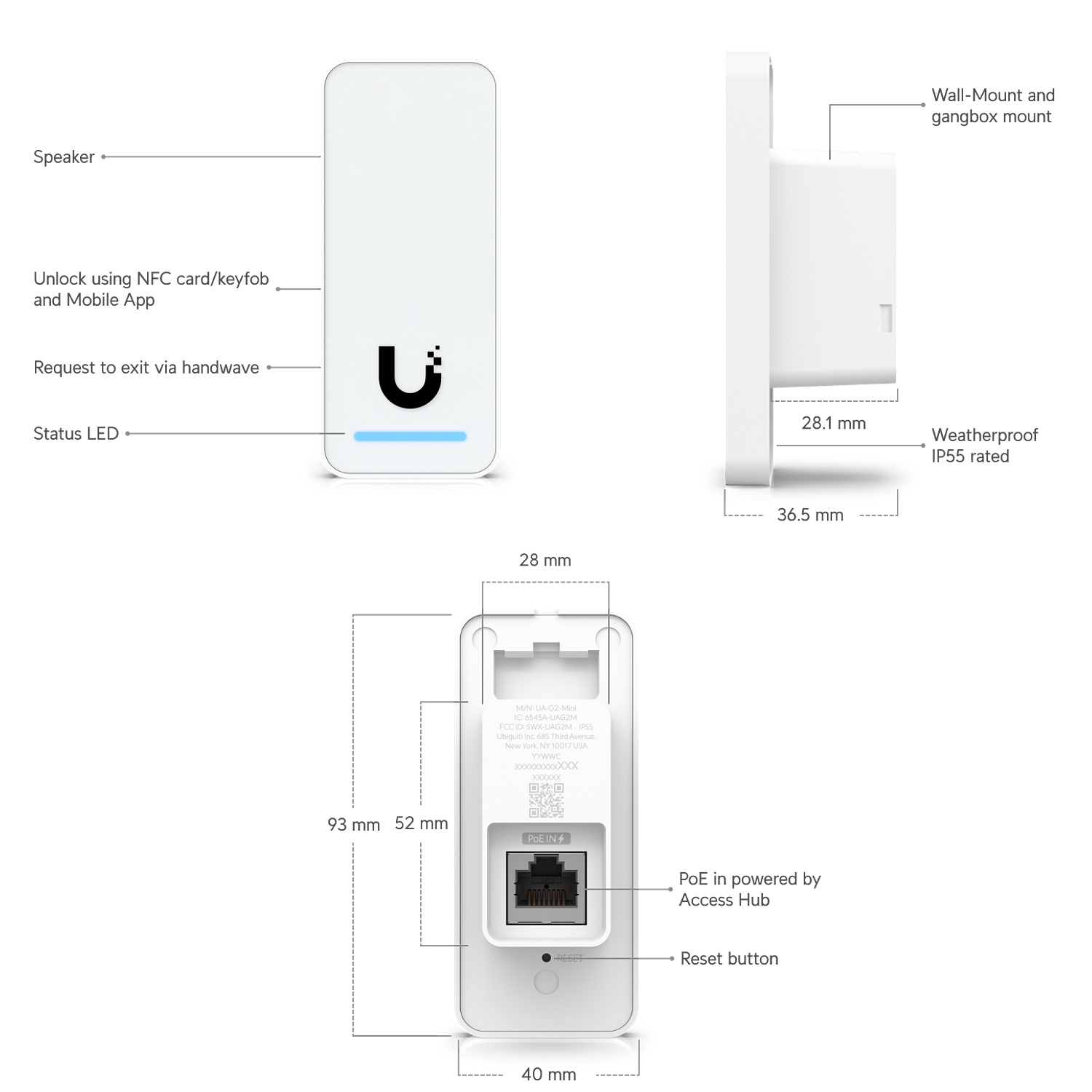 Ubiquiti UniFi UA-G3-W Lector de Acceso Terminal Compacto NFC/BLE con Resistencia IP55 y Alimentación PoE 1