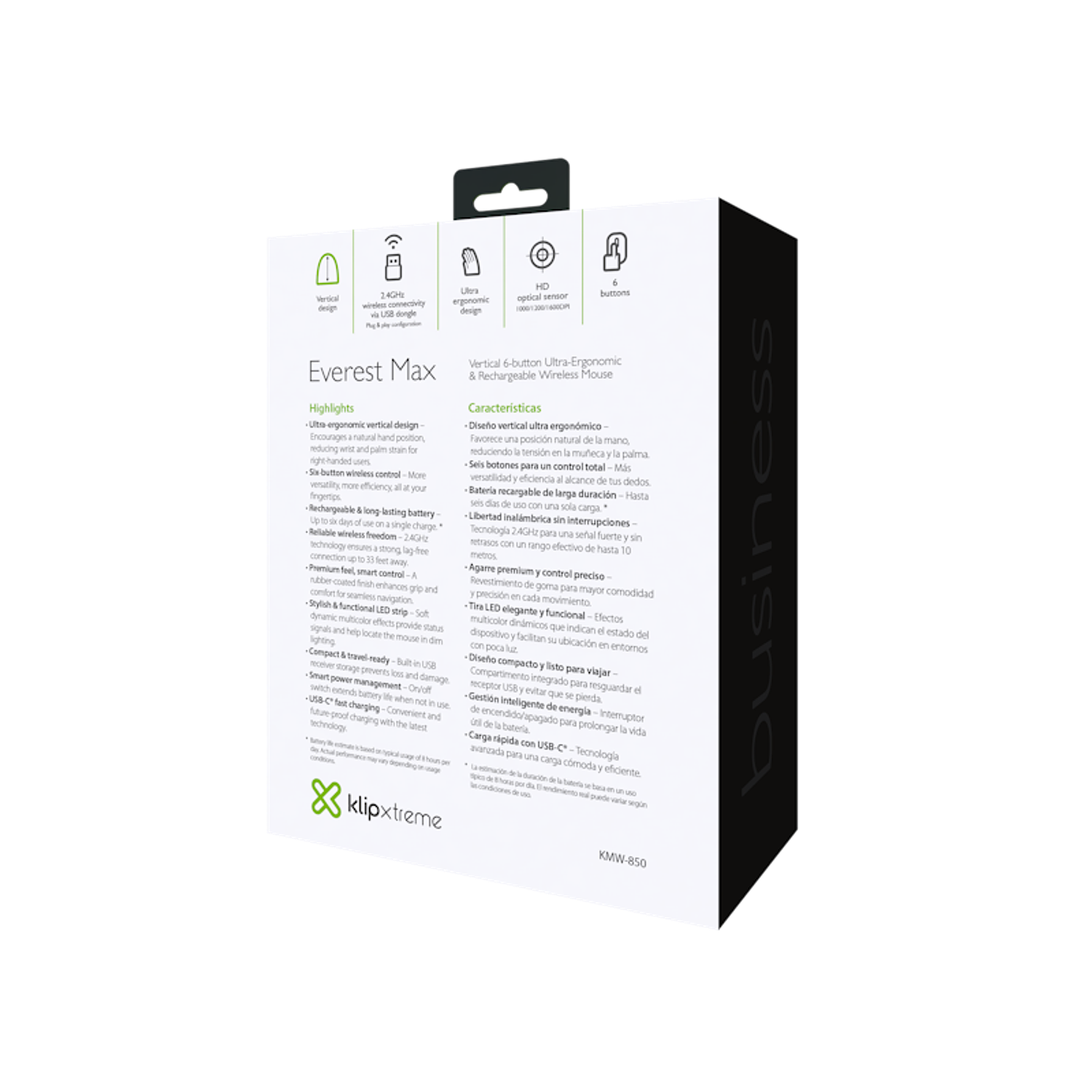 Klip Xtreme KMW-850 Mouse Inalámbrico Vertical Ergonómico, Wireless 2.4 GHz, Recargable USB-C, 6 Botones, 1600 DPI, Mouse Profesional Negro 7
