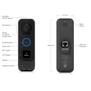 Ubiquiti Kit Videoportero UniFi G4 Pro PoE, Sensor Principal 5MP + Cámara de 8MP, Pantalla LCM Integrada, RJ45, Negro