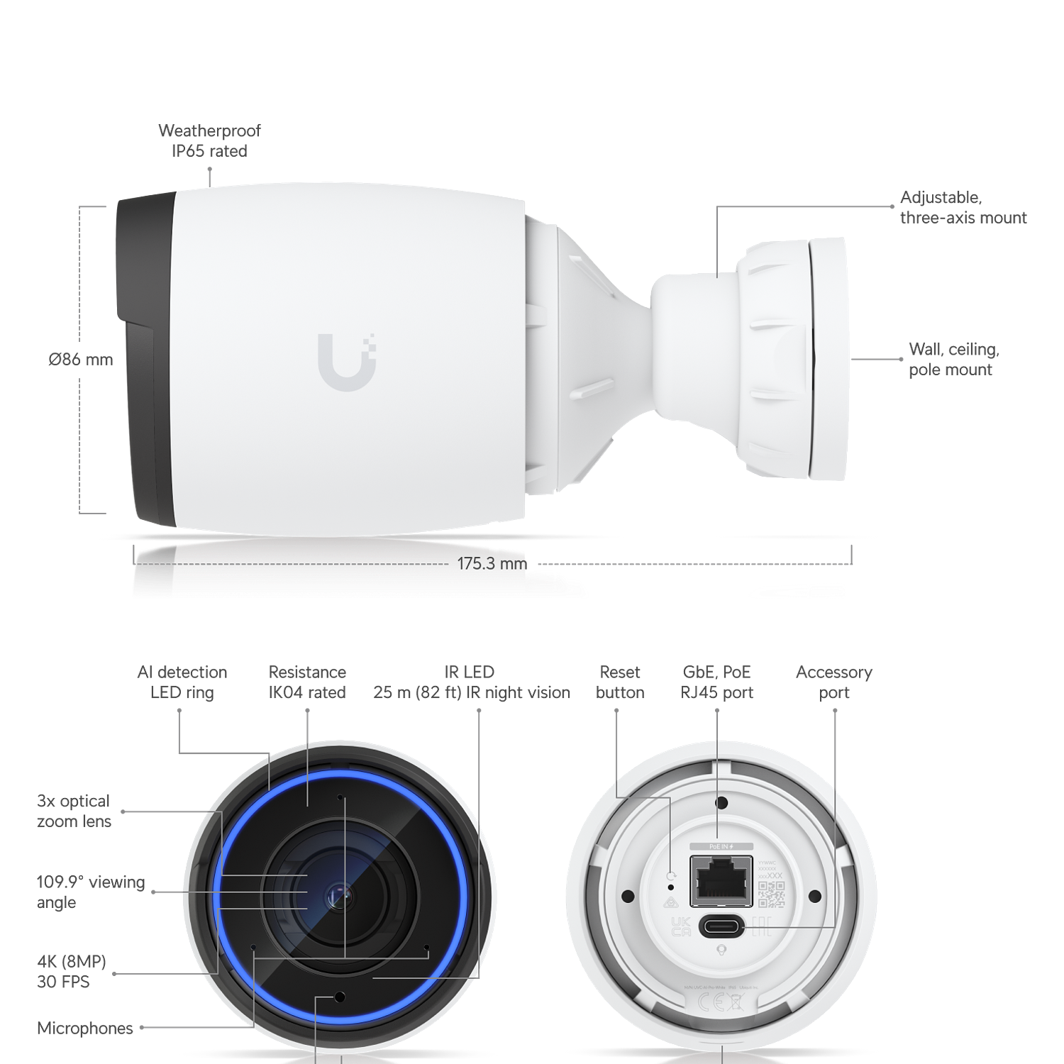 Ubiquiti UVC-AI-Pro-White Ubiquiti UniFi UVC-AI-Pro Cámara de Seguridad IP 4K IA Lente con Zoom Óptico, LED IR + Filtro IR, Blanco 1