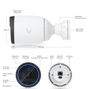 Ubiquiti UVC-AI-Pro-White Ubiquiti UniFi UVC-AI-Pro Cámara de Seguridad IP 4K IA Lente con Zoom Óptico, LED IR + Filtro IR, Blanco