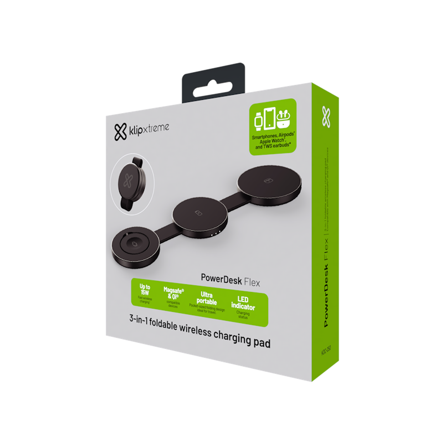 Klip Xtreme KDC-250 Cargador Inalámbrico 3 en 1 Plegable, 15W, USB-C, para Smartphone, AirPods, Apple Watch 7