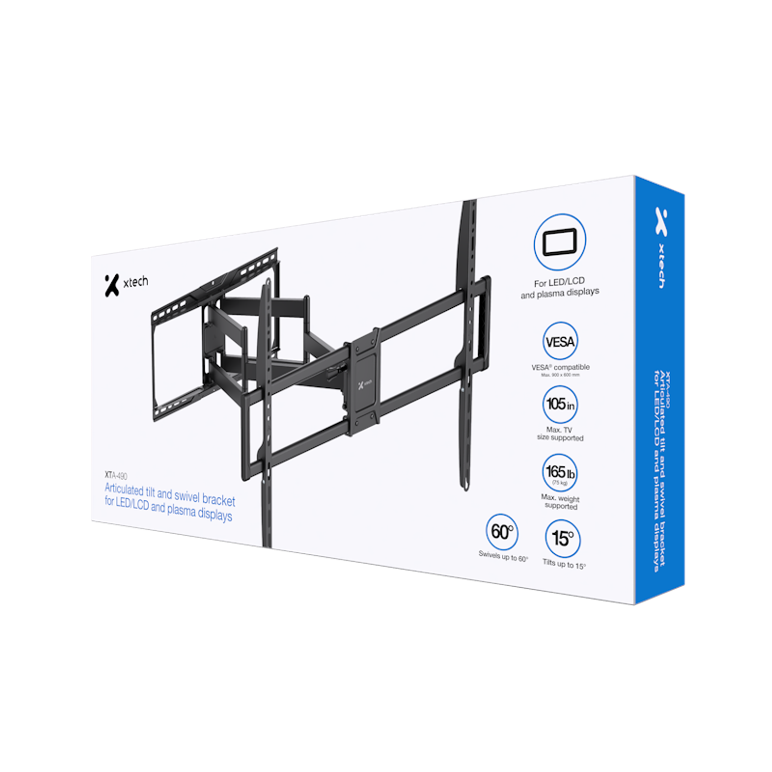 Xtech XTA-490 Soporte de Pared para Pantallas LED/LCD y Plasma Articulado, Inclinable y Giratorio de 50