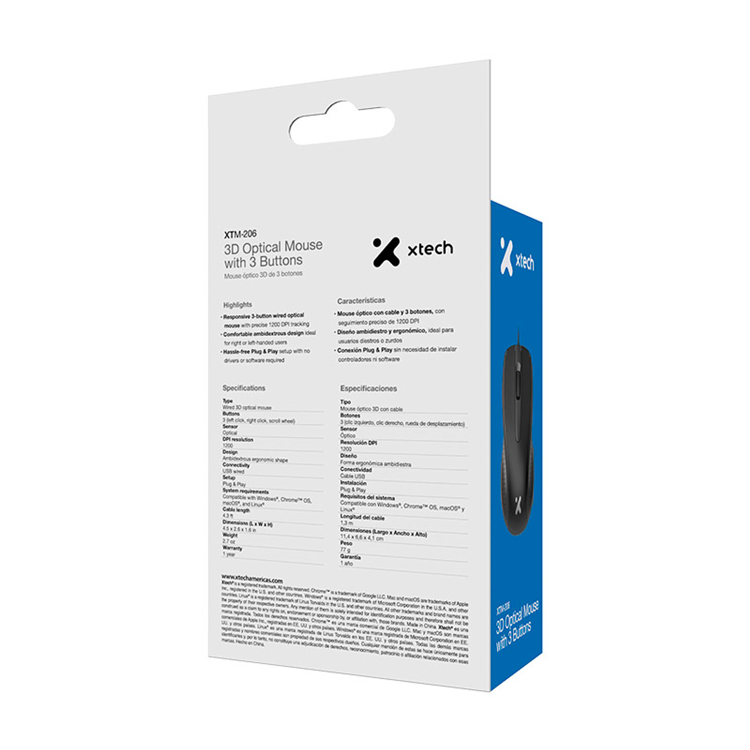 Xtech XTM-206 Mouse Óptico 1200 DPI, Diseño Ambidiestro y Conexión USB Plug & Play, Negro 3