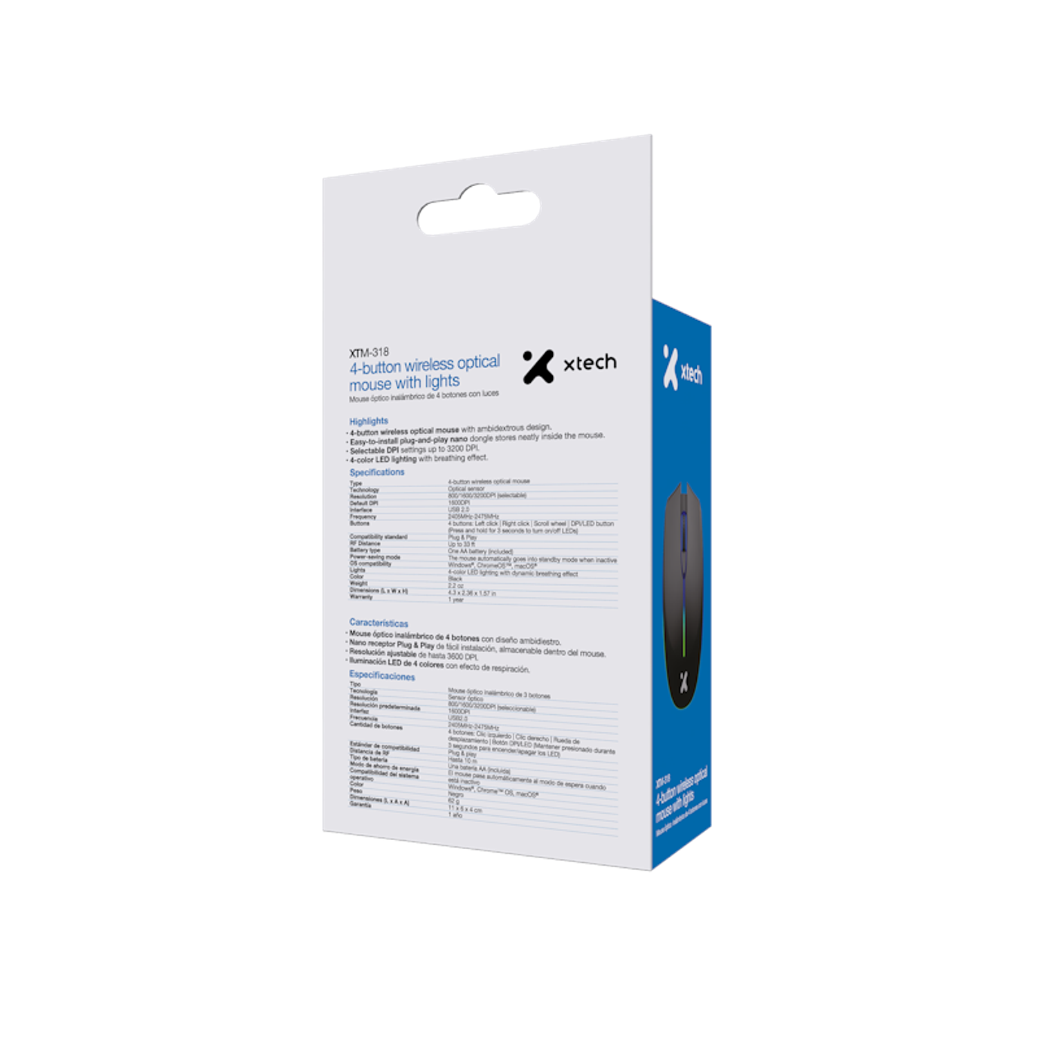 Xtech XTM-318 Mouse Óptico Inalámbrico, 3200 DPI, 4 Botones, LED Multicolor, USB Plug & Play 3