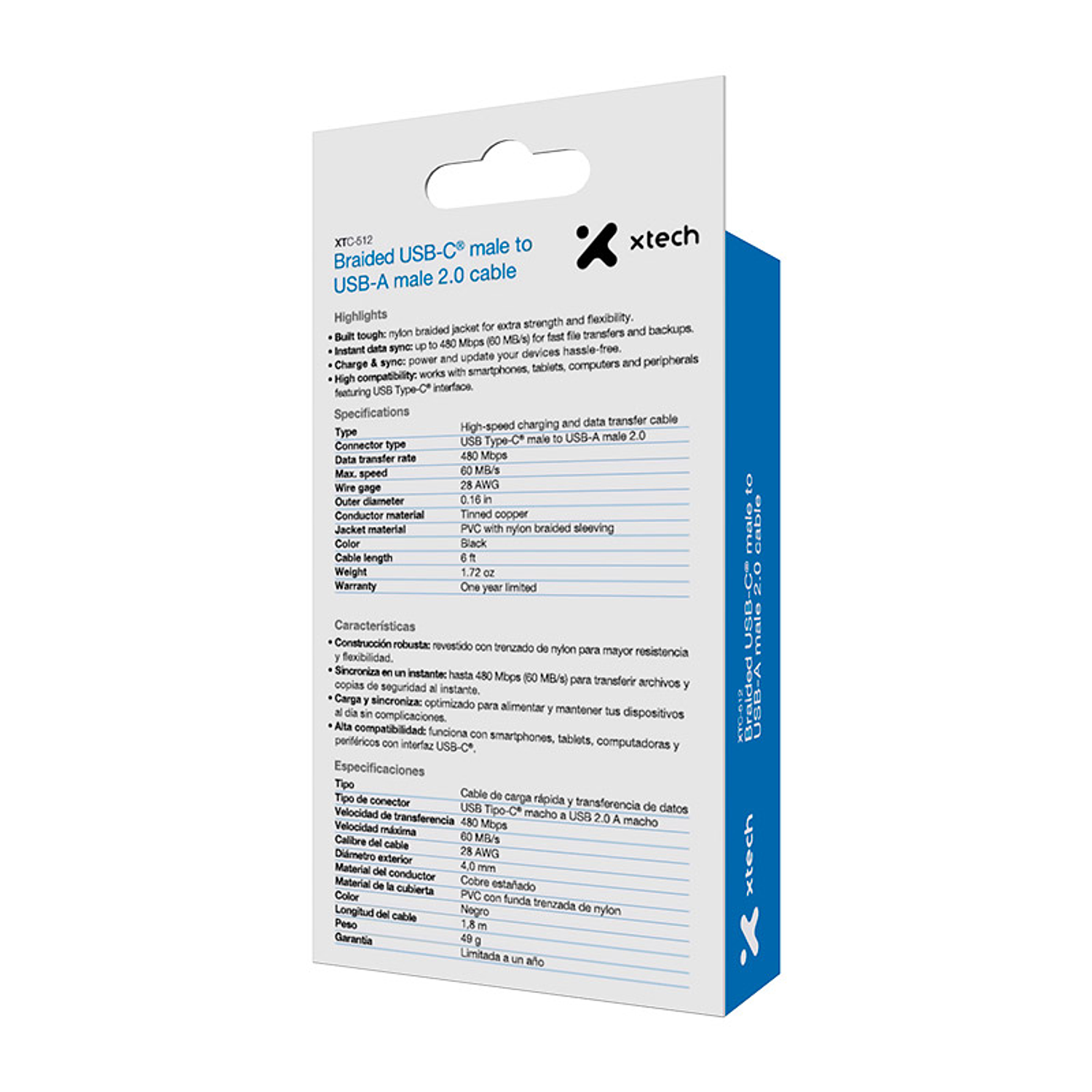 Xtech XTC-512 USB-C a USB-A 1,8 Metros, Blindaje Trenzado, 480 Mbps, Velocidad Máxima 60 MB/s 3