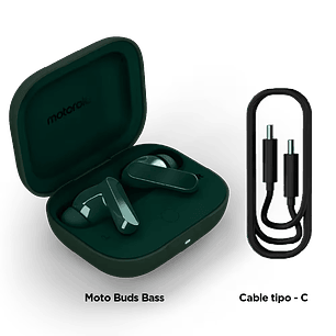 Motorola Moto Buds Bass Verde Audífonos Inalámbricos Bluetooth, Hi-Res Audio, Graves Intensos, Cancelación Activa de Ruido 50 dB, Autonomía 43 h, IPX4