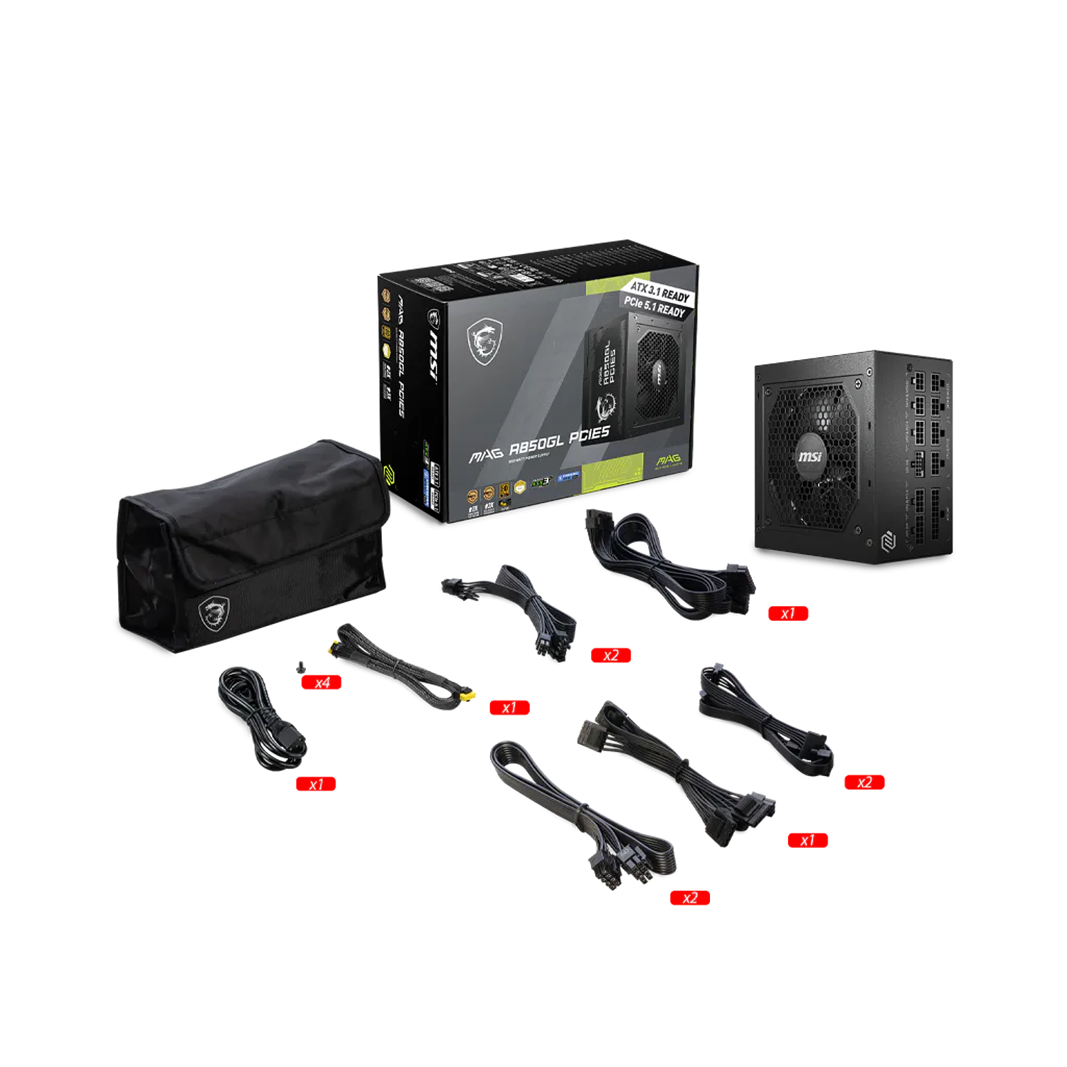 MSI MAG A850GL PCIE5 Blanco Fuente de Poder 850W, ATX 3.0, PCIe 5.0, 80 PLUS Gold, Full Modular, PSU Gaming Alto Rendimiento 5