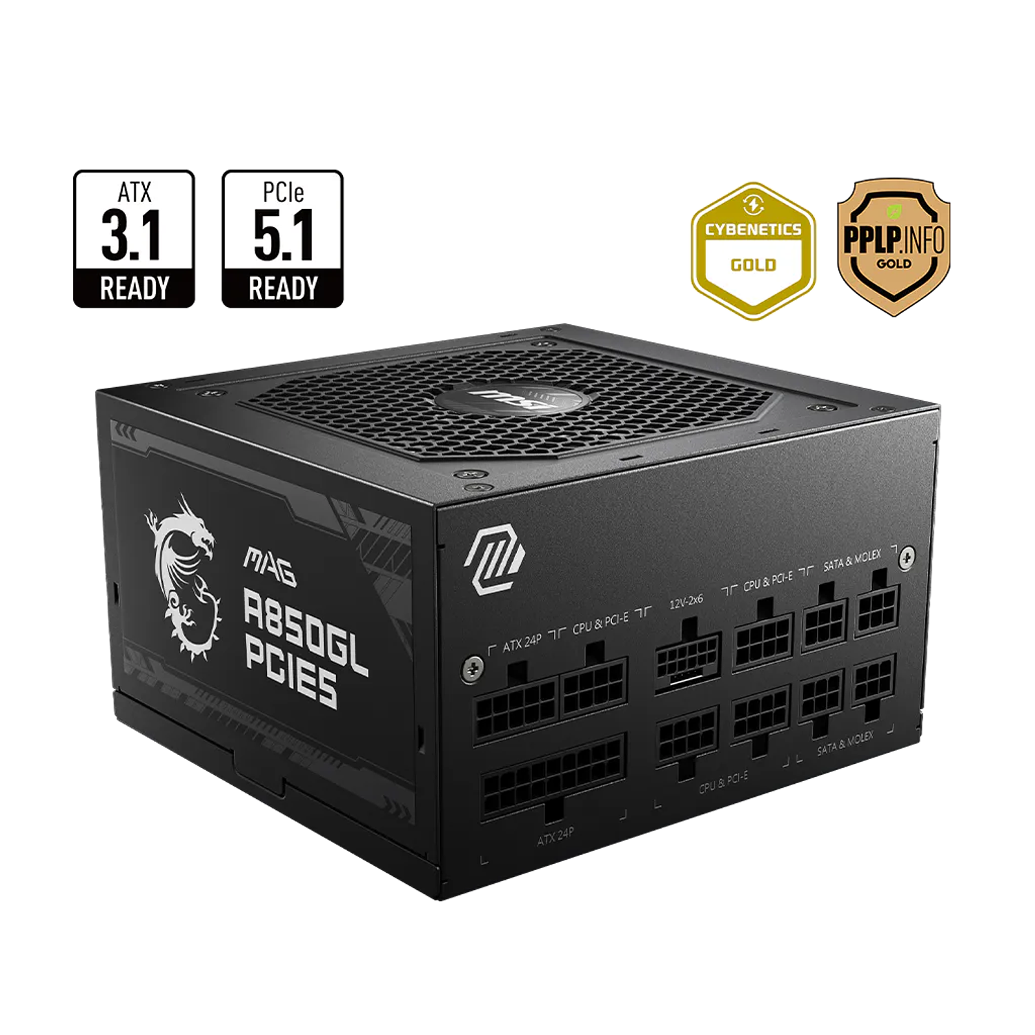 MSI MAG A850GL PCIE5 Blanco Fuente de Poder 850W, ATX 3.0, PCIe 5.0, 80 PLUS Gold, Full Modular, PSU Gaming Alto Rendimiento 1