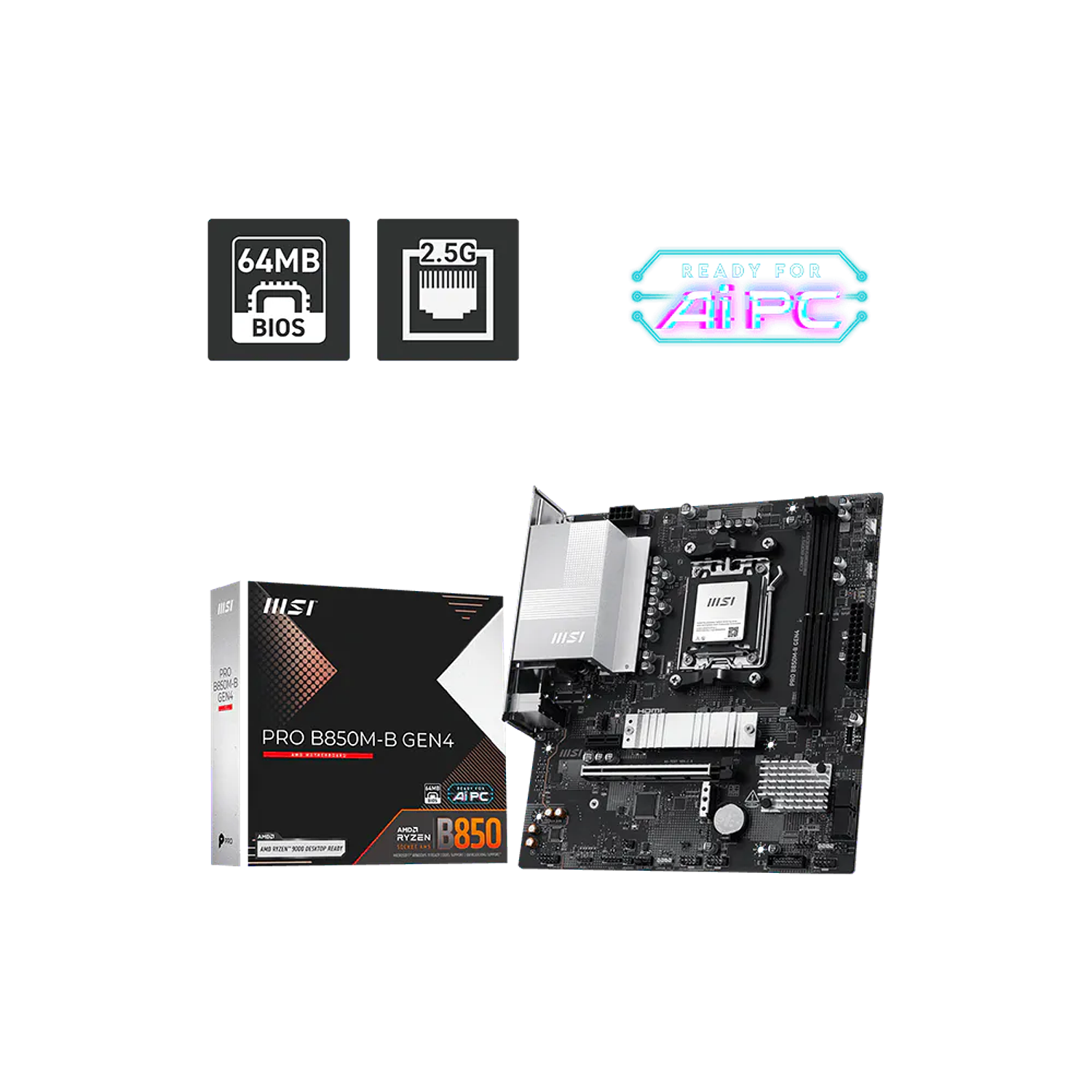 MSI PRO B850M-B GEN4 Placa Madre AM5 mATX, DDR5 8200+ OC, PCIe 5.0 M.2, 2.5G LAN, HDMI 2.1, DisplayPort, Ryzen 9000/8000/7000 1