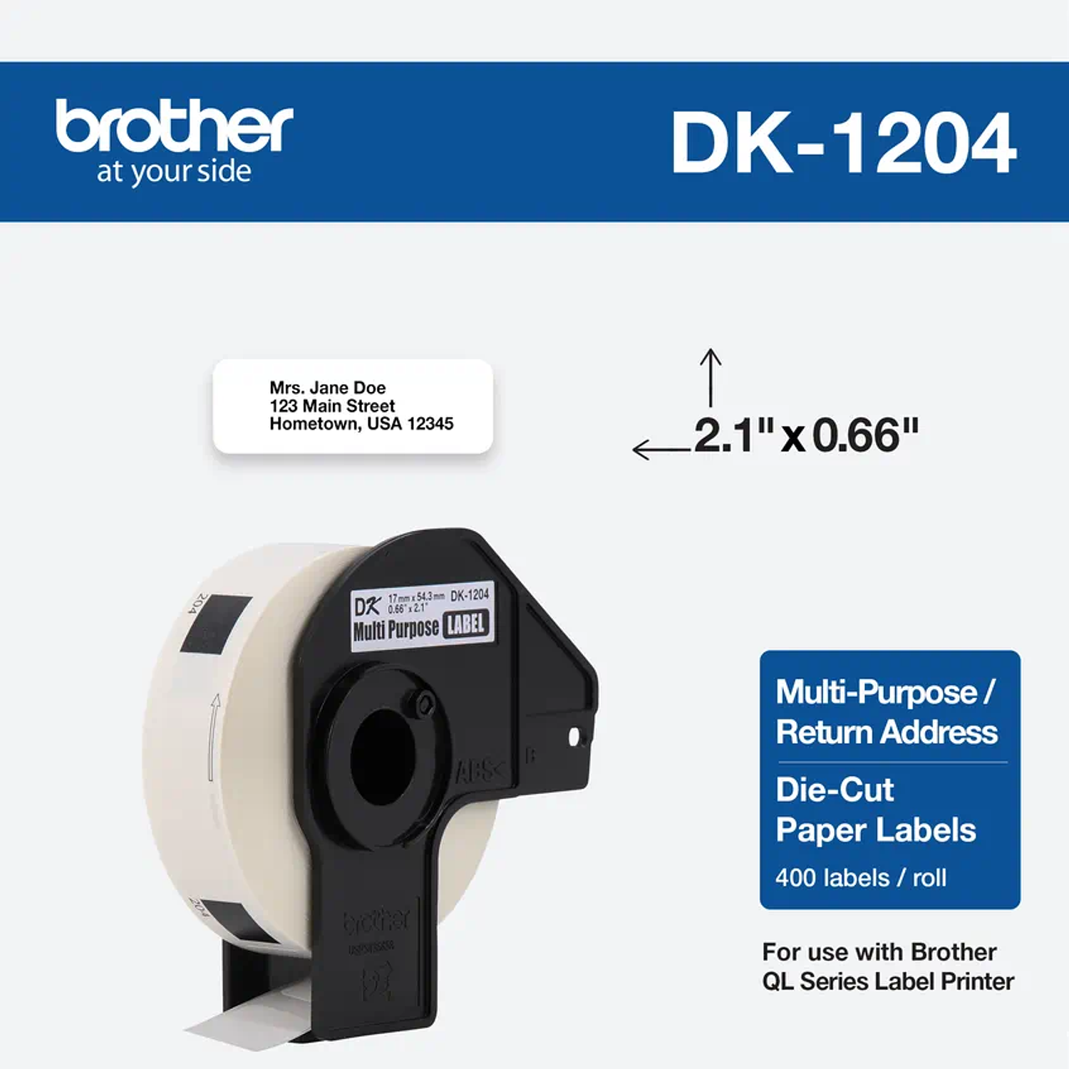 Brother DK-1204 Etiquetas Autoadhesivas 17x54.3mm 400 Unidades, Papel Térmico Blanco, Para Rotuladoras Brother QL-1100 1110 800 810 820 700 720 650 500 550 570 580 1050 1060 1