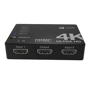 Xtech XHA-430 Switch HDMI 5 Puertos a 1 4K UHD 30Hz, Conmutador HDMI 5x1, Control Remoto IR, Selector HDMI para TV Monitor Proyector, HDMI Splitter 5 Entradas 1 Salida