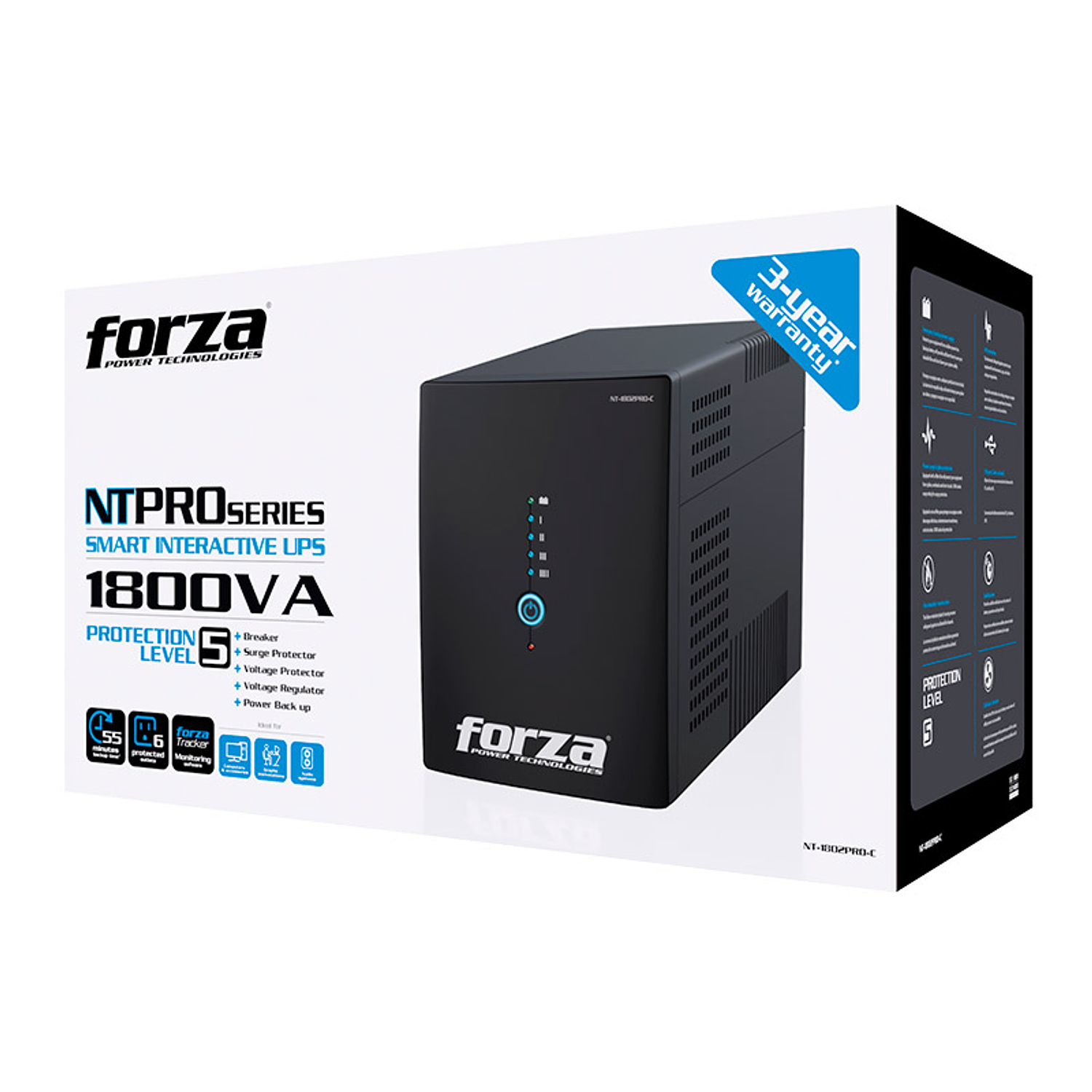 Forza NT-1802PRO-C UPS 1800VA 900W, interactiva, 220V, 6 salidas, USB, protección RJ45 RJ11, Torre 5