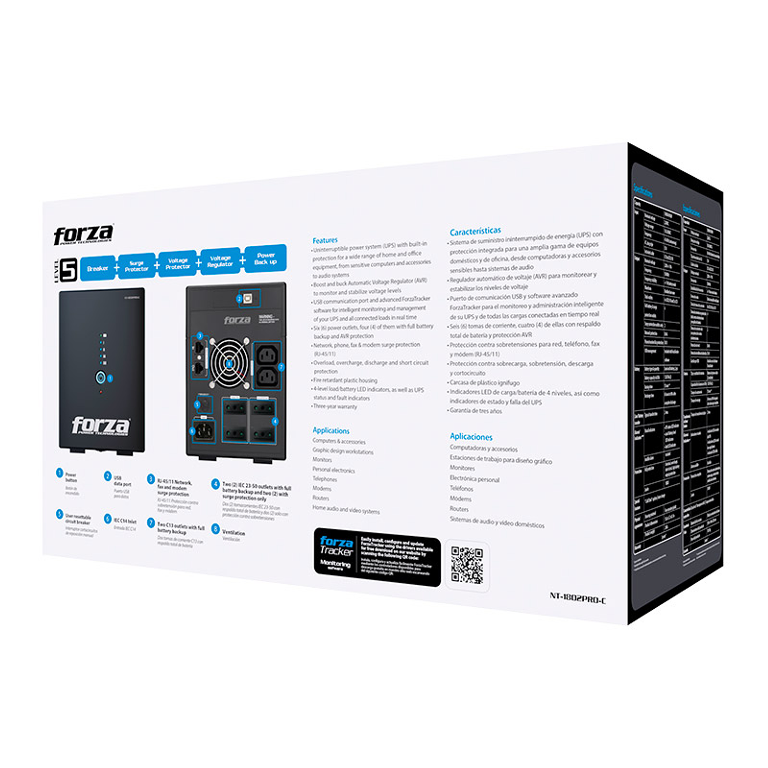 Forza NT-1802PRO-C UPS 1800VA 900W, interactiva, 220V, 6 salidas, USB, protección RJ45 RJ11, Torre 6