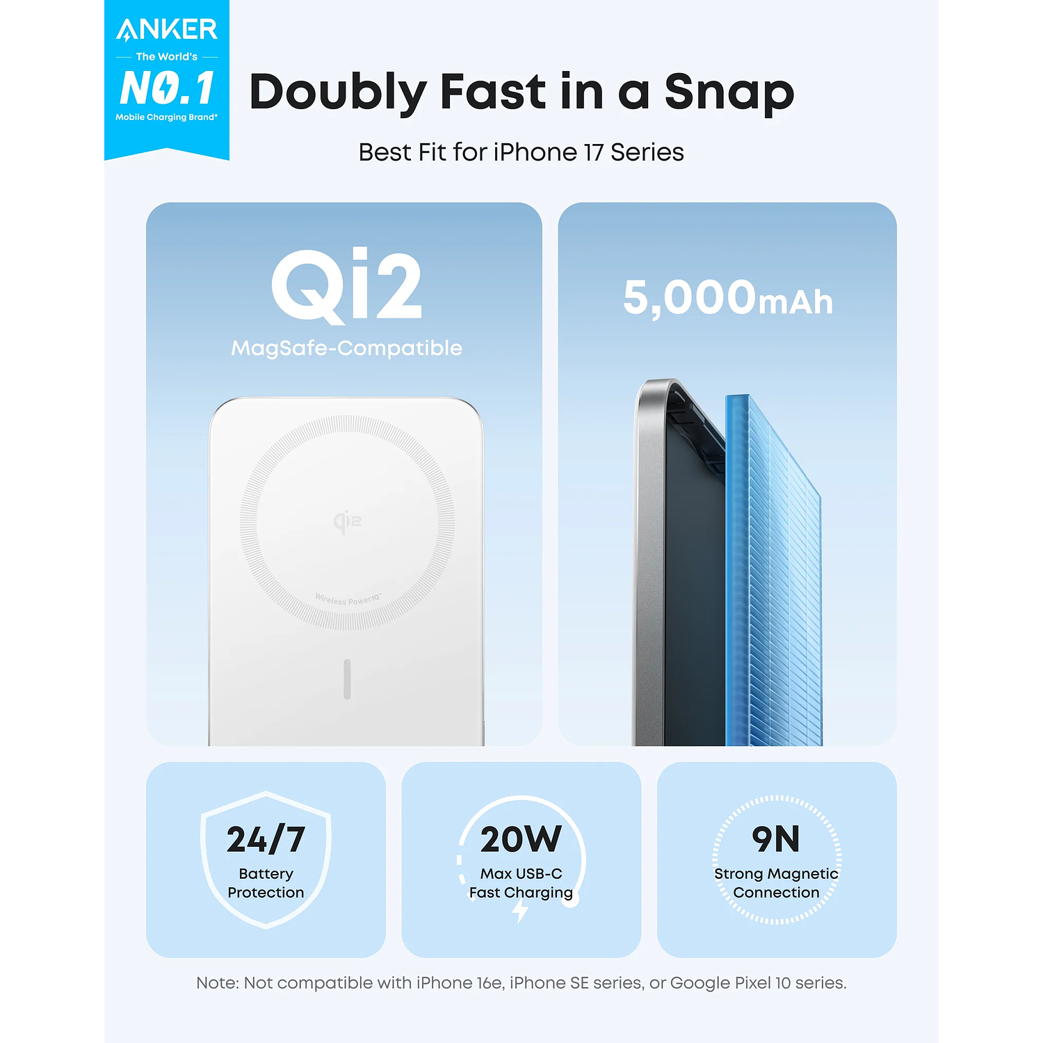 Anker A1665H21 Nano Power Bank 5K MagGo, 5000mAh, 20W, Carga rápida, USB-C, Inalámbrica, iPhone, Blanco 4