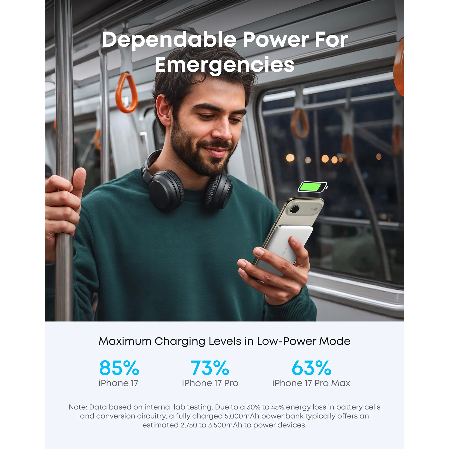 Anker A1665H21 Nano Power Bank 5K MagGo, 5000mAh, 20W, Carga rápida, USB-C, Inalámbrica, iPhone, Blanco 6