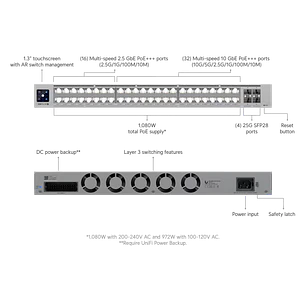Ubiquiti Unifi  USW-Pro-XG-48-PoE Switch 48 Puertos Gigabit, 4x Sfp+ 10g, Poe+++ Hasta 1080 W, Pantalla Tactil 1.3
