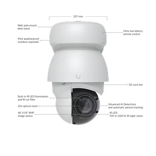 Ubiquiti Unifi UVC-AI-PTZ-W Camara PTZ Robotizado, Zoom Optico 22x, 4k, IA, RJ45, PoE++, IP66, Blanco