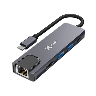 Xtech XTC-572, Hub Multipuerto USB-C, 5 en 1 HDMI, Ethernet, 2× USB 3.0, 100W