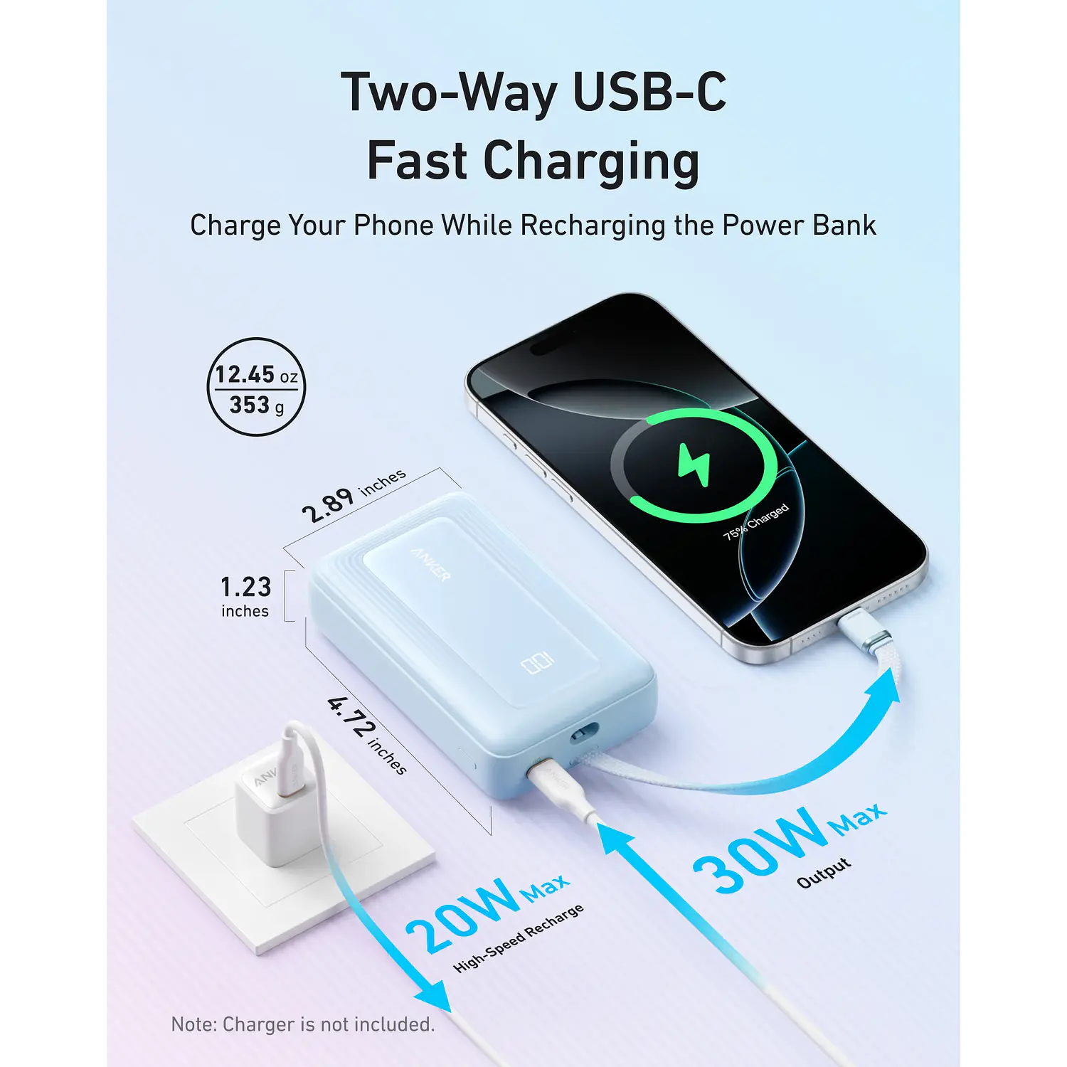 Anker Zolo Power Bank 20.000 mAh Batería Externa 30W, Carga Rápida, Cable USB-C Integrado, Cargador Portátil para iPhone y Android, Negro 2
