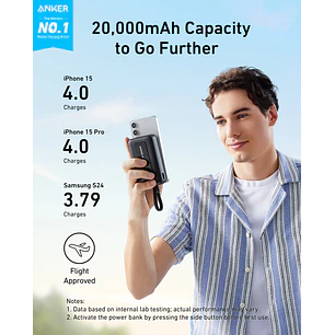 Anker Zolo Power Bank 20.000 mAh Batería Externa 30W, Carga Rápida, Cable USB-C Integrado, Cargador Portátil para iPhone y Android, Blanco