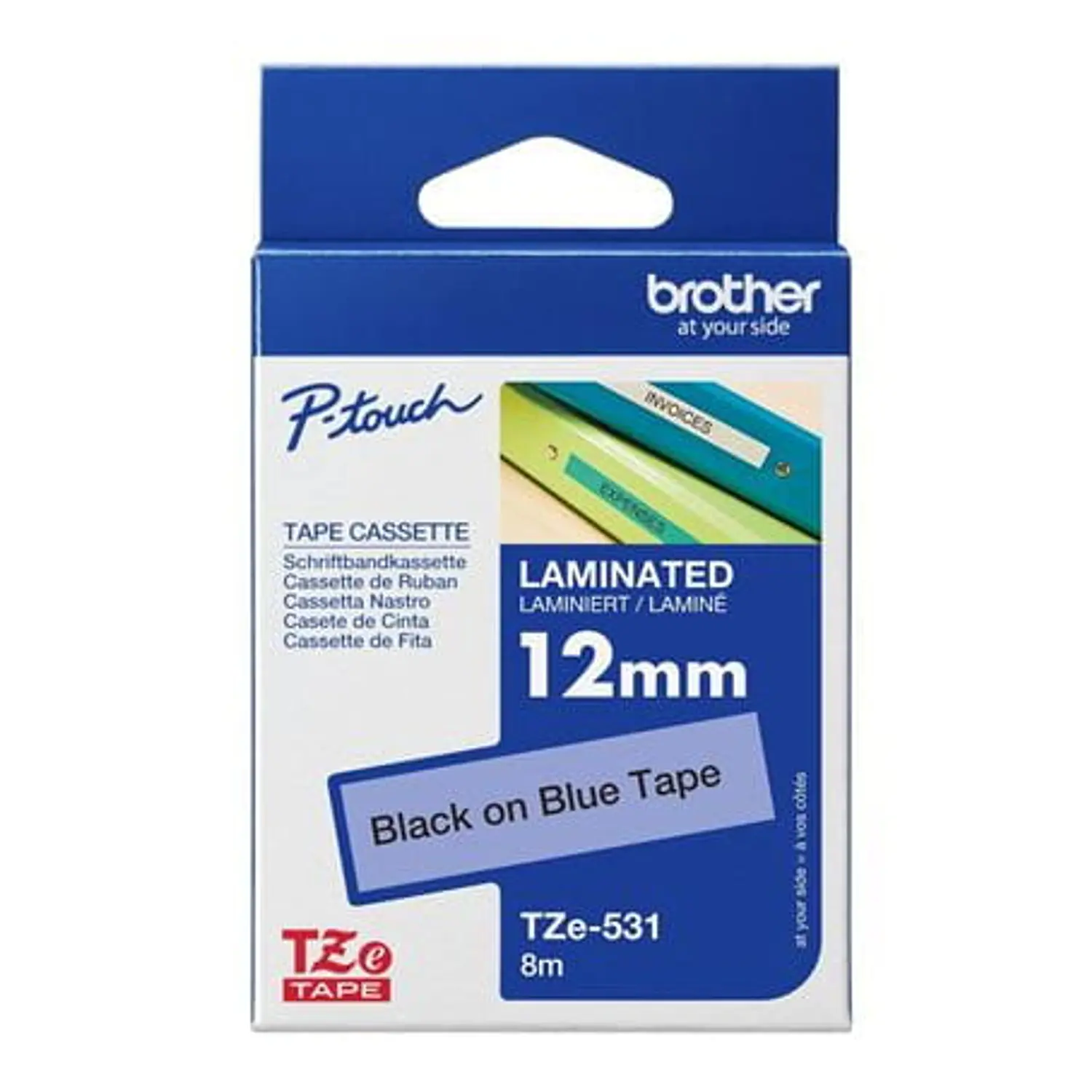 Brother TZE531, Cinta Laminada, Negro sobre Azul, 12 mm x 8 m