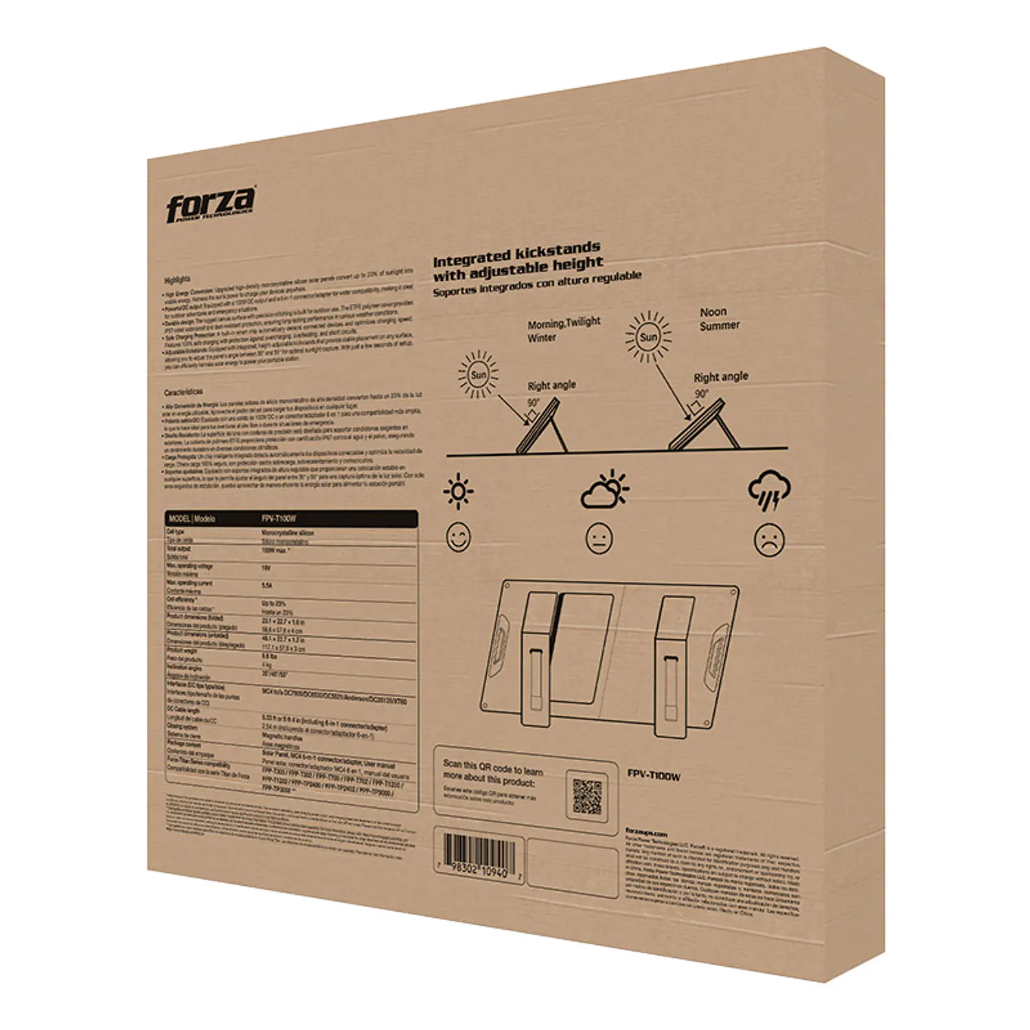 Forza FPV-T100W, Panel Solar Portátil 100W, IP67, Resistente Al Agua y Polvo 5
