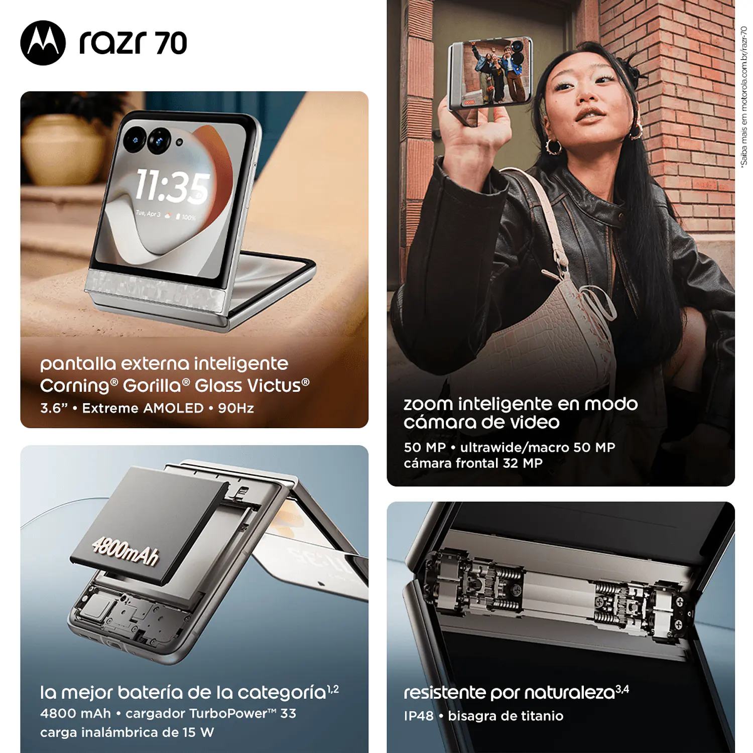 Motorola Razr 70 Smartphone Plegable 5G, 6.9'' AMOLED LTPO 120Hz, Cámara Dual 50MP+50MP OIS, 12GB RAM, 512GB, Android 16, IP48, Blanco 8