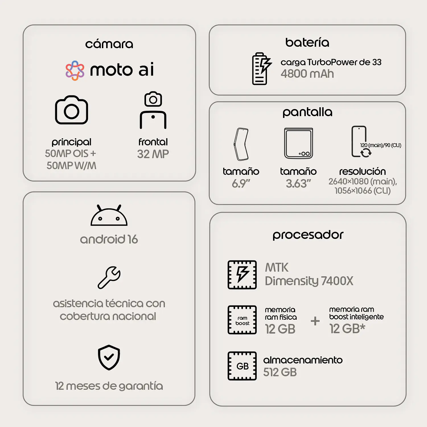 Motorola Razr 70 Smartphone Plegable 5G, 6.9'' AMOLED LTPO 120Hz, Cámara Dual 50MP+50MP OIS, 12GB RAM, 512GB, Android 16, IP48, Blanco 9