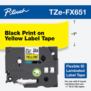 Brother TZe-FX651 Cinta Laminada Flexible Negro sobre Amarillo 24 mm x 8 m