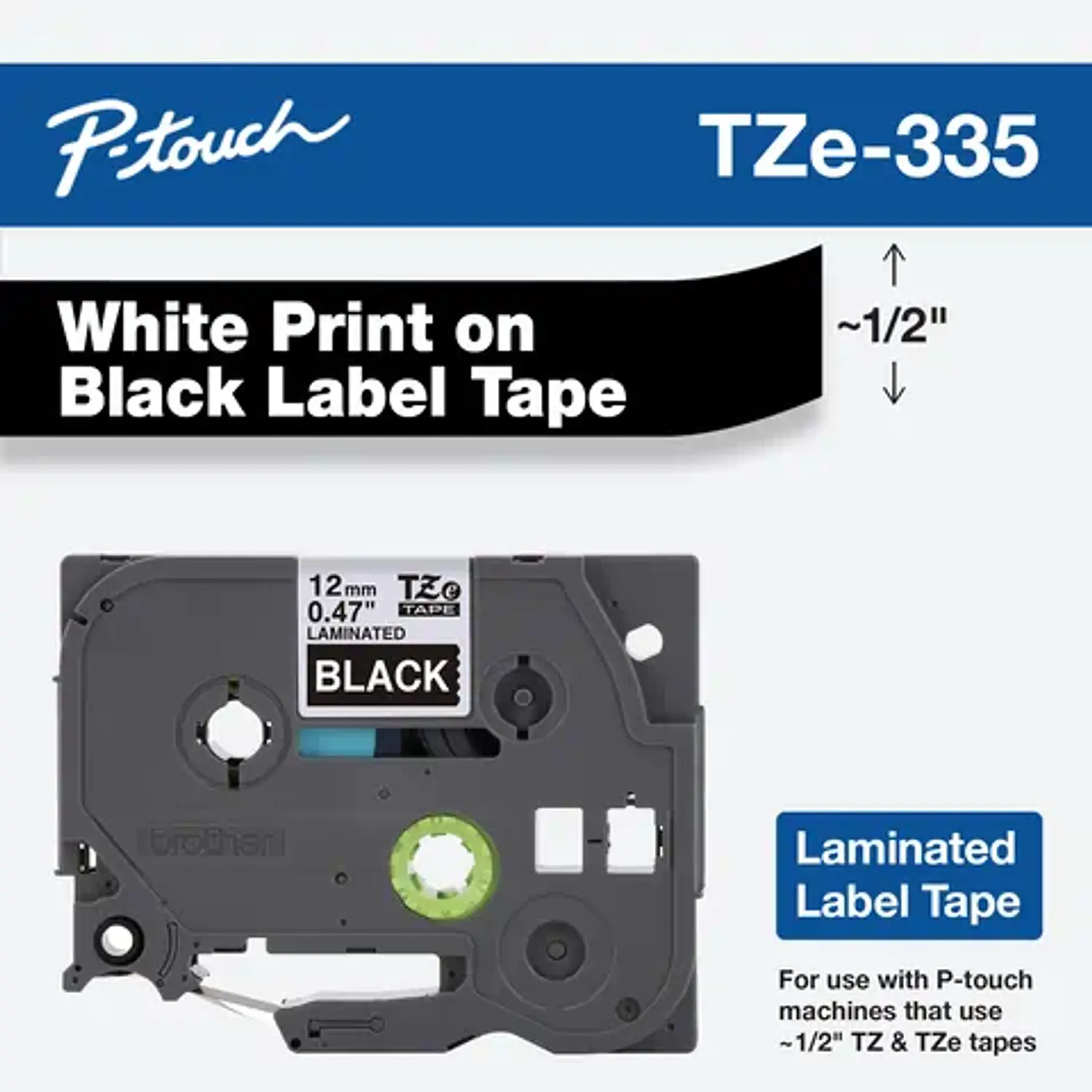 Brother TZe-335 Cinta Laminada Blanco sobre Negro 12 mm x 8 m 1