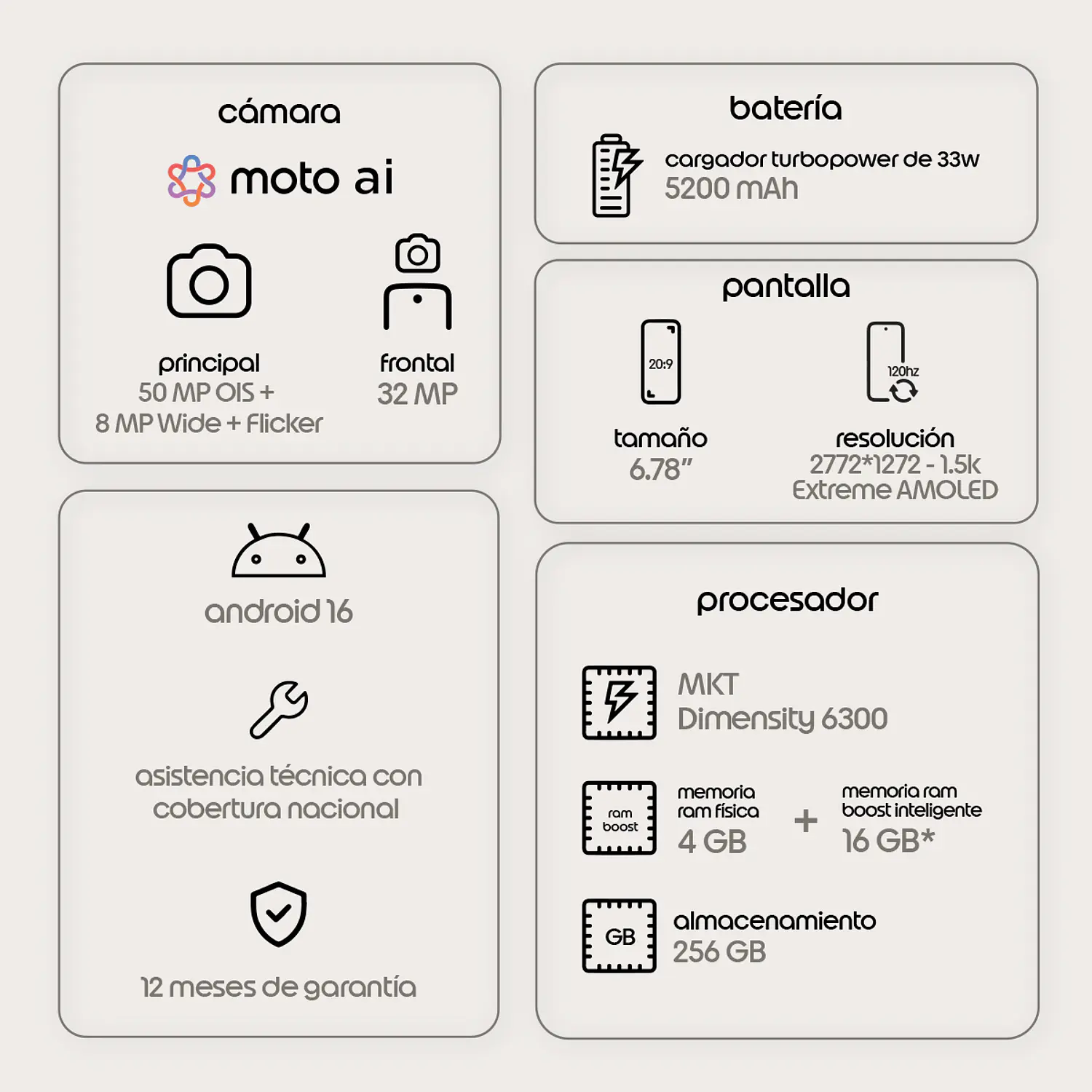 Motorola Moto G67 4GB RAM + 256GB Smartphone 5G, Pantalla AMOLED 120Hz 6.8”, Cámara 50MP, Android 16, NFC, IP64, TurboPower 33W, Lima 8