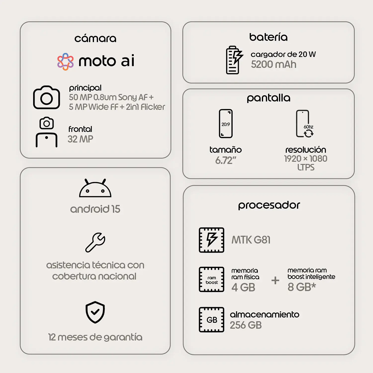 Motorola Moto G17 4GB RAM + 128GB Smartphone Android 15, Pantalla 6.7” LCD, Cámara 50MP, Dolby Atmos, Batería 5200mAh, IP64, Celeste 8