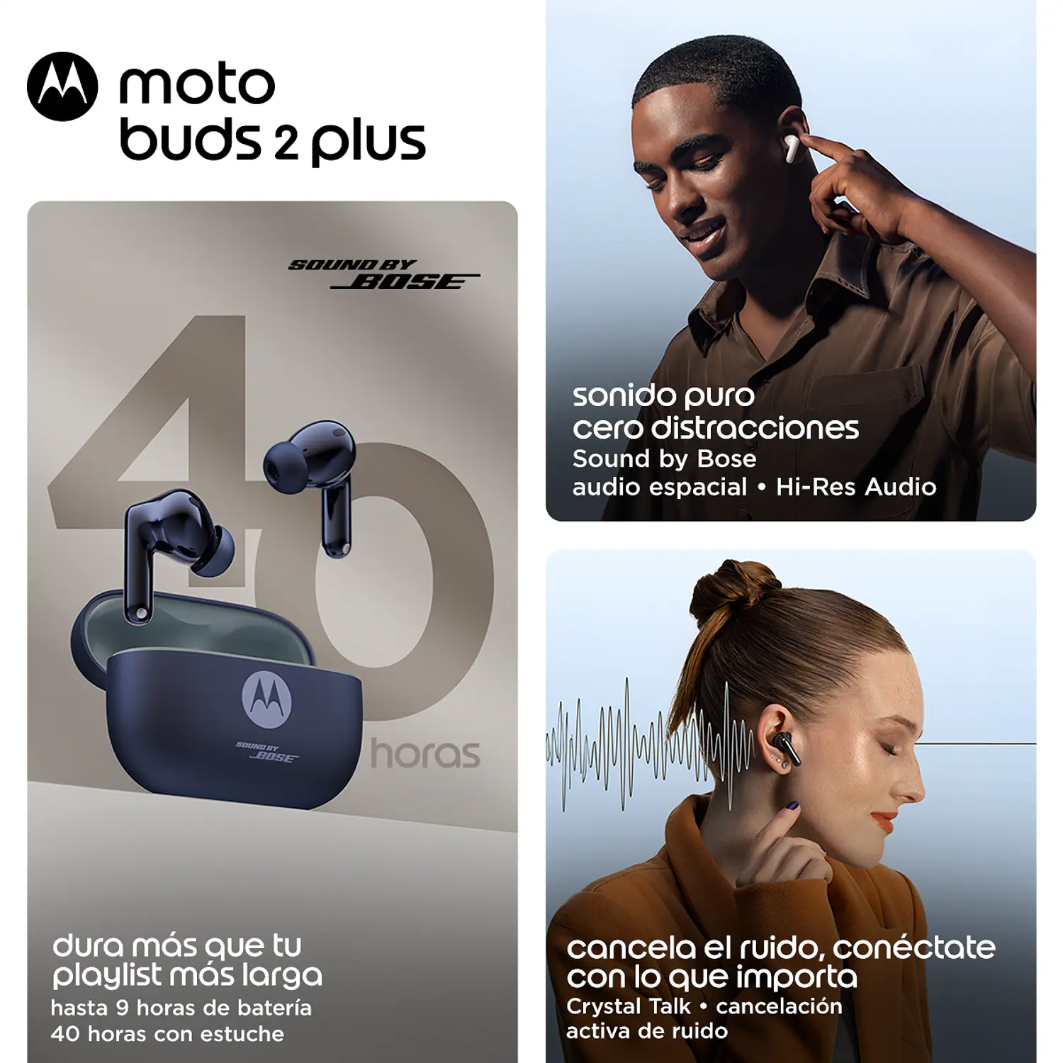 Motorola Moto Buds 2 Plus Audífonos Inalámbricos, Sonido Bose, Hi-Res, ANC Adaptativo, Bluetooth 6.0, IP54, 40H, Blanco 7