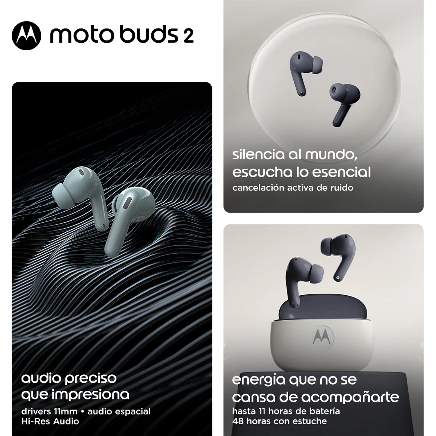 Motorola Moto Buds 2 Audífonos Inalámbricos, Sonido Espacial, ANC, Bluetooth 6.0, IP54, 48H, Negro 7