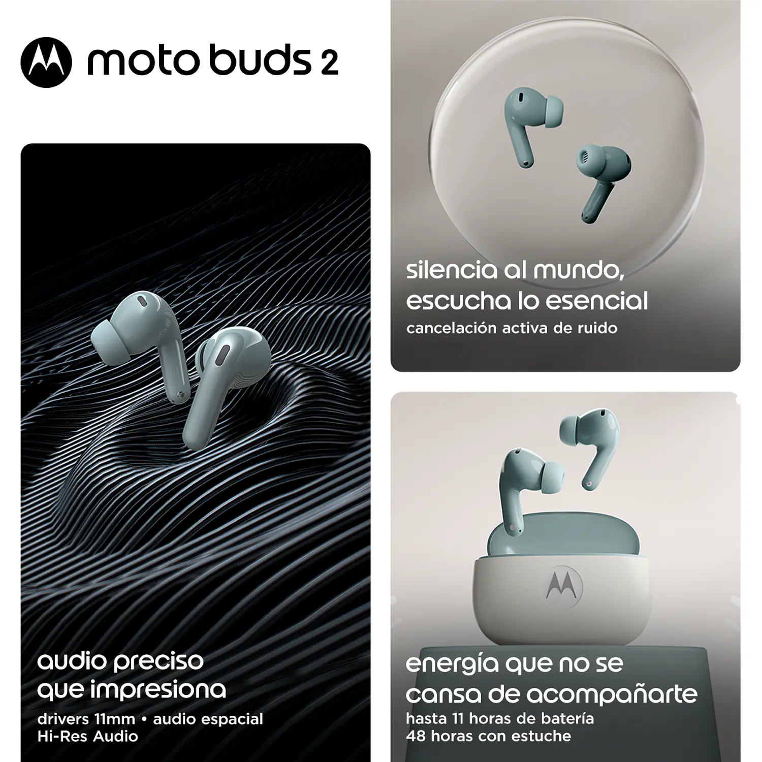 Motorola Moto Buds 2 Audífonos Inalámbricos, Sonido Espacial, ANC, Bluetooth 6.0, IP54, 48H, Gris 7