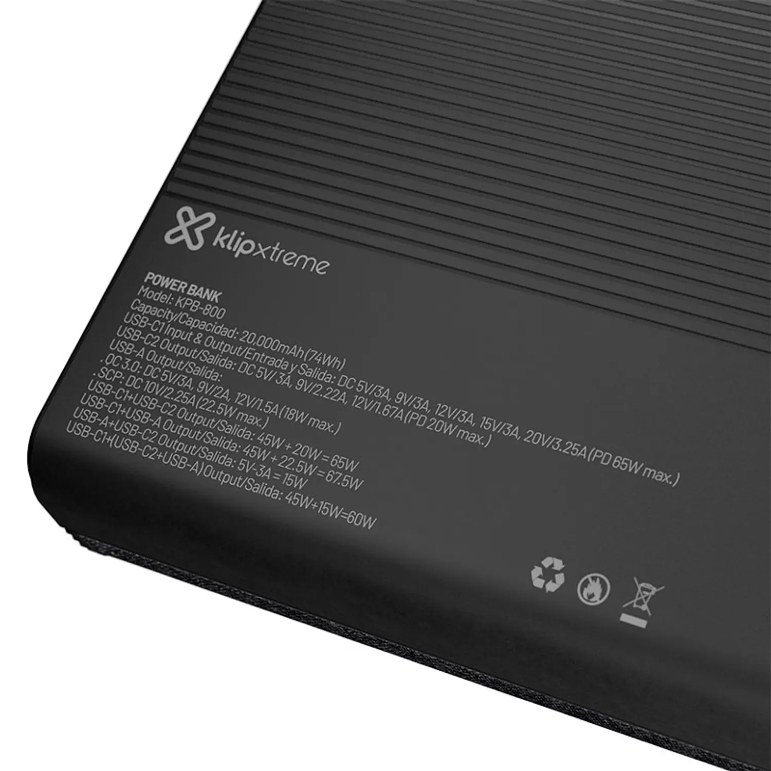 Klip Xtreme KPB-800 Power Bank PowerCell Ultra, 20000mAh, 65W PD, USB-C, Carga Rápida, Notebook, Laptop, MacBook, Smartphone, 3 Puertos, Pantalla LED 4