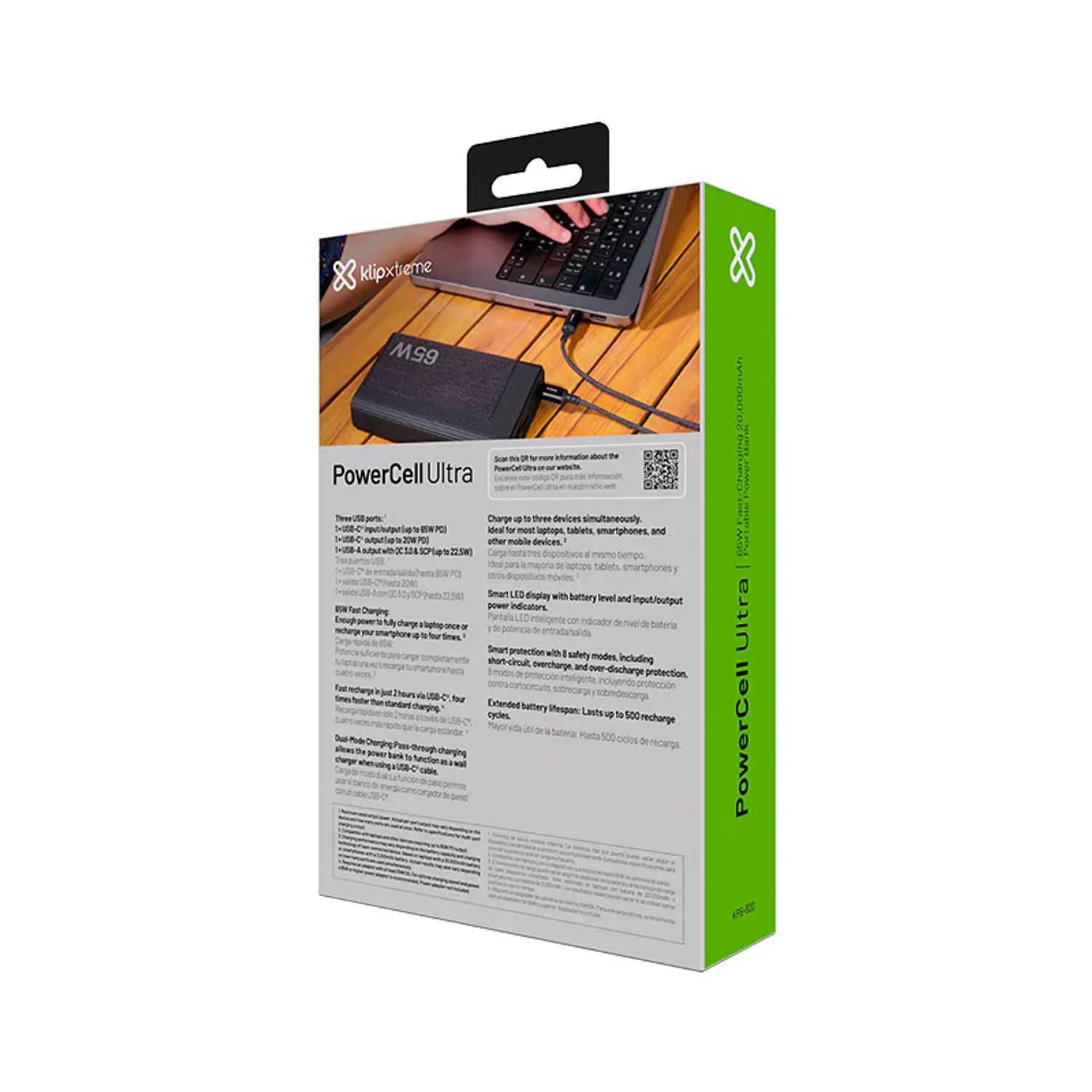 Klip Xtreme KPB-800 Power Bank PowerCell Ultra, 20000mAh, 65W PD, USB-C, Carga Rápida, Notebook, Laptop, MacBook, Smartphone, 3 Puertos, Pantalla LED 7