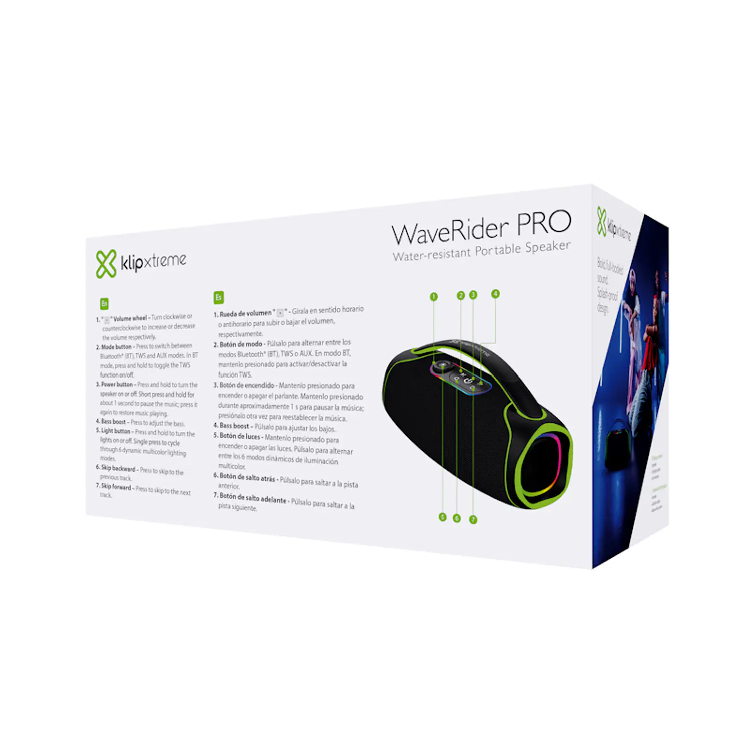 Klip Xtreme KBK-850 WaveRider Pro Parlante Bluetooth Portátil, 60W, IPX5, Luces LED, TWS, Entrada Micrófono, USB-C, AUX 3.5mm, Karaoke, Batería Recargable 7