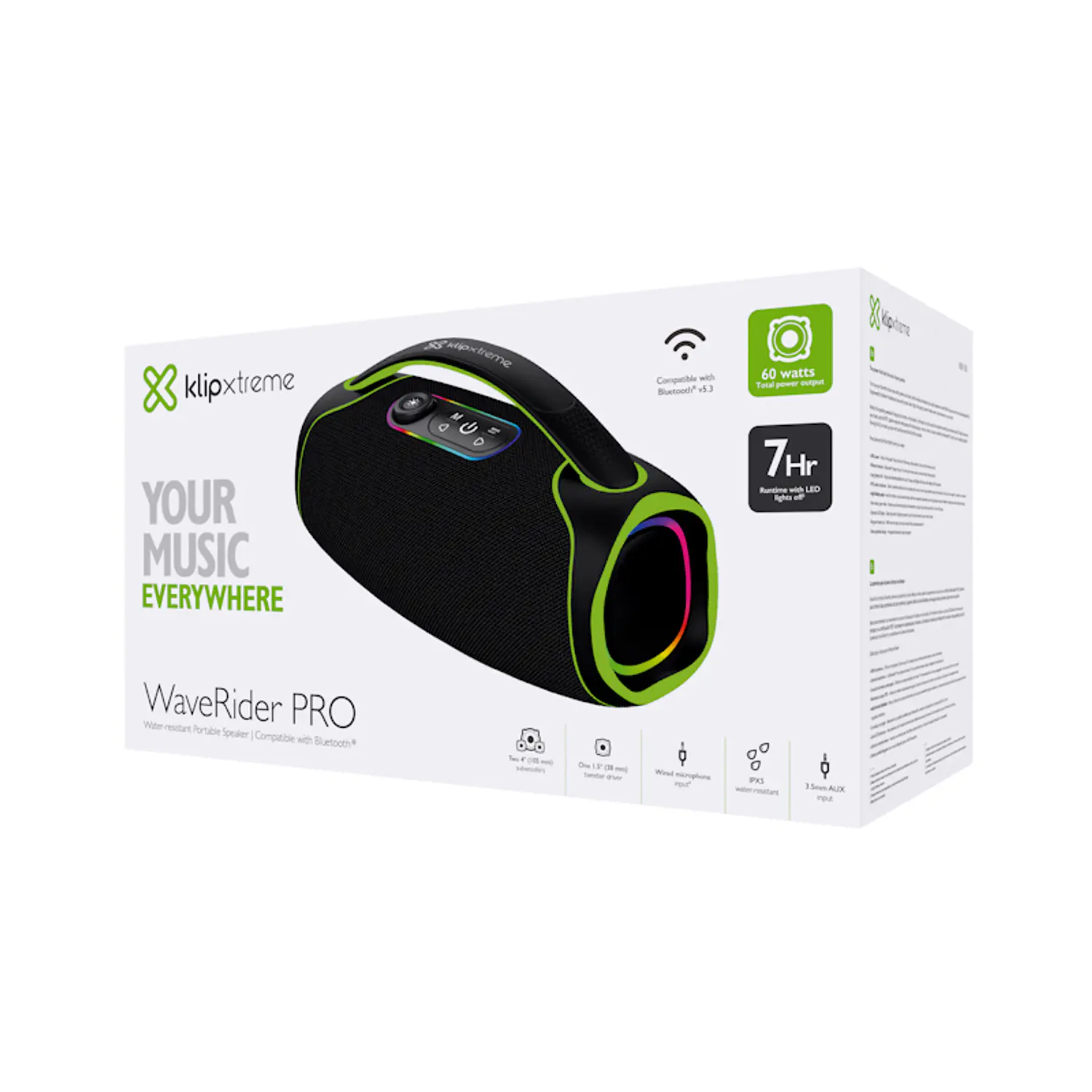 Klip Xtreme KBK-850 WaveRider Pro Parlante Bluetooth Portátil, 60W, IPX5, Luces LED, TWS, Entrada Micrófono, USB-C, AUX 3.5mm, Karaoke, Batería Recargable 6