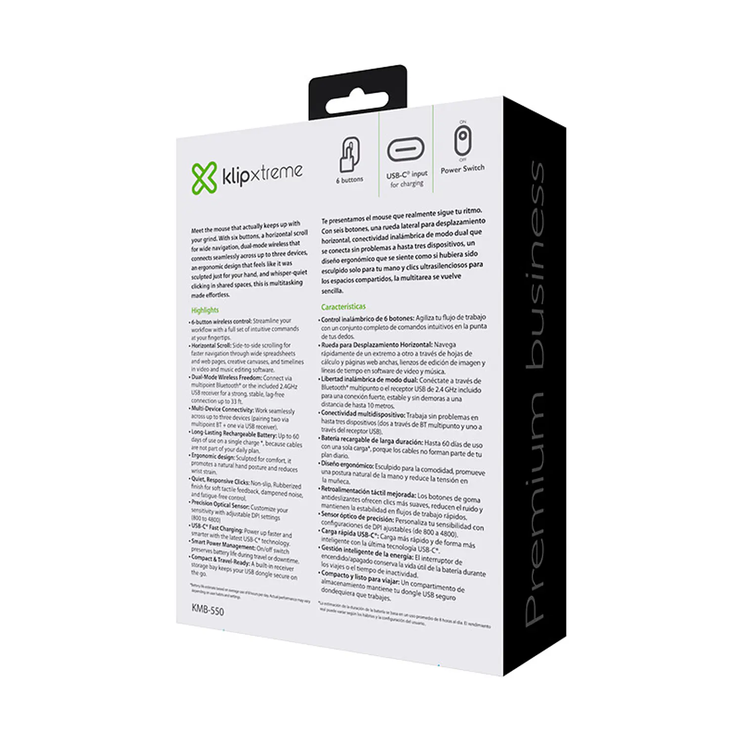 Klip Xtreme KMB-550 ThumbGlide Mouse Ergonómico Inalámbrico BT/2.4GHz, 4800 DPI, USB-C, Negro 6