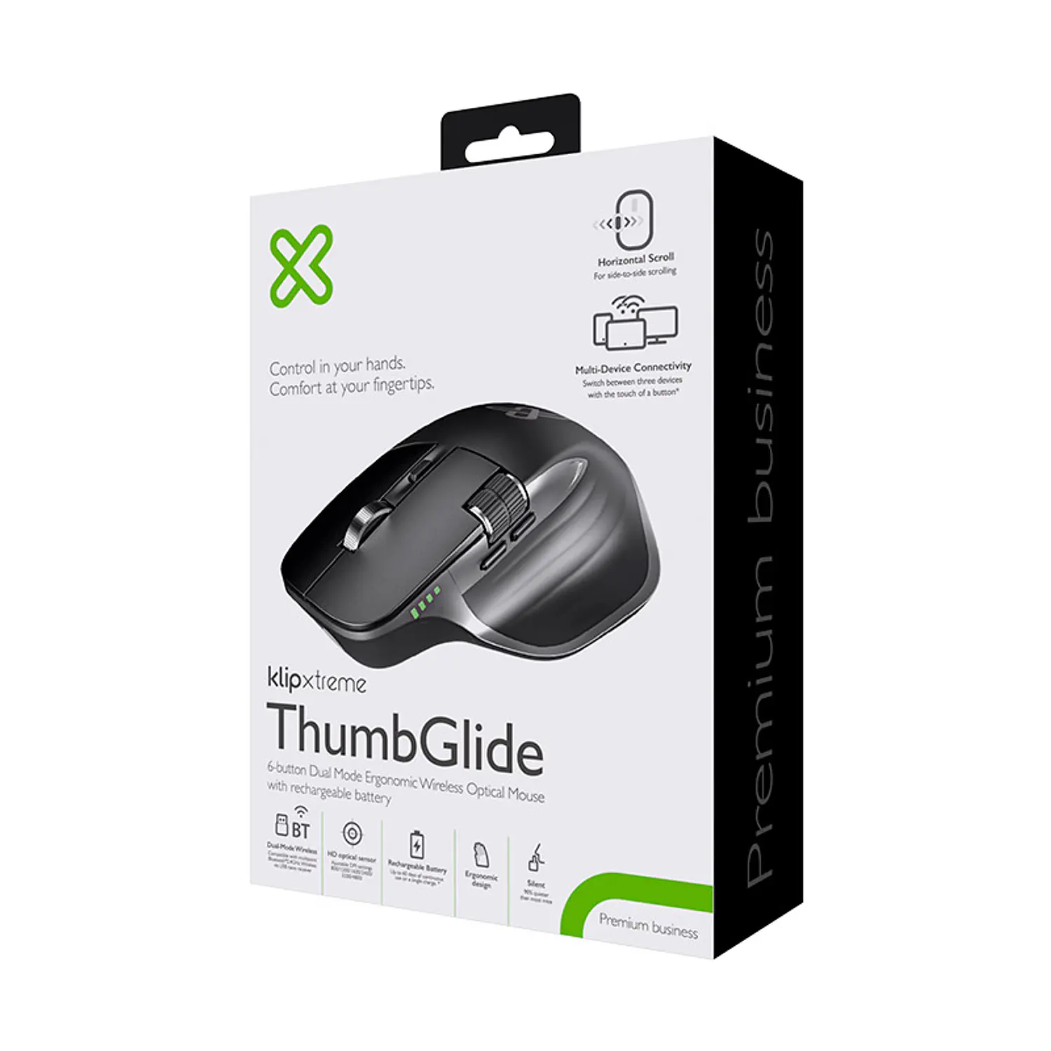 Klip Xtreme KMB-550 ThumbGlide Mouse Ergonómico Inalámbrico BT/2.4GHz, 4800 DPI, USB-C, Negro 5
