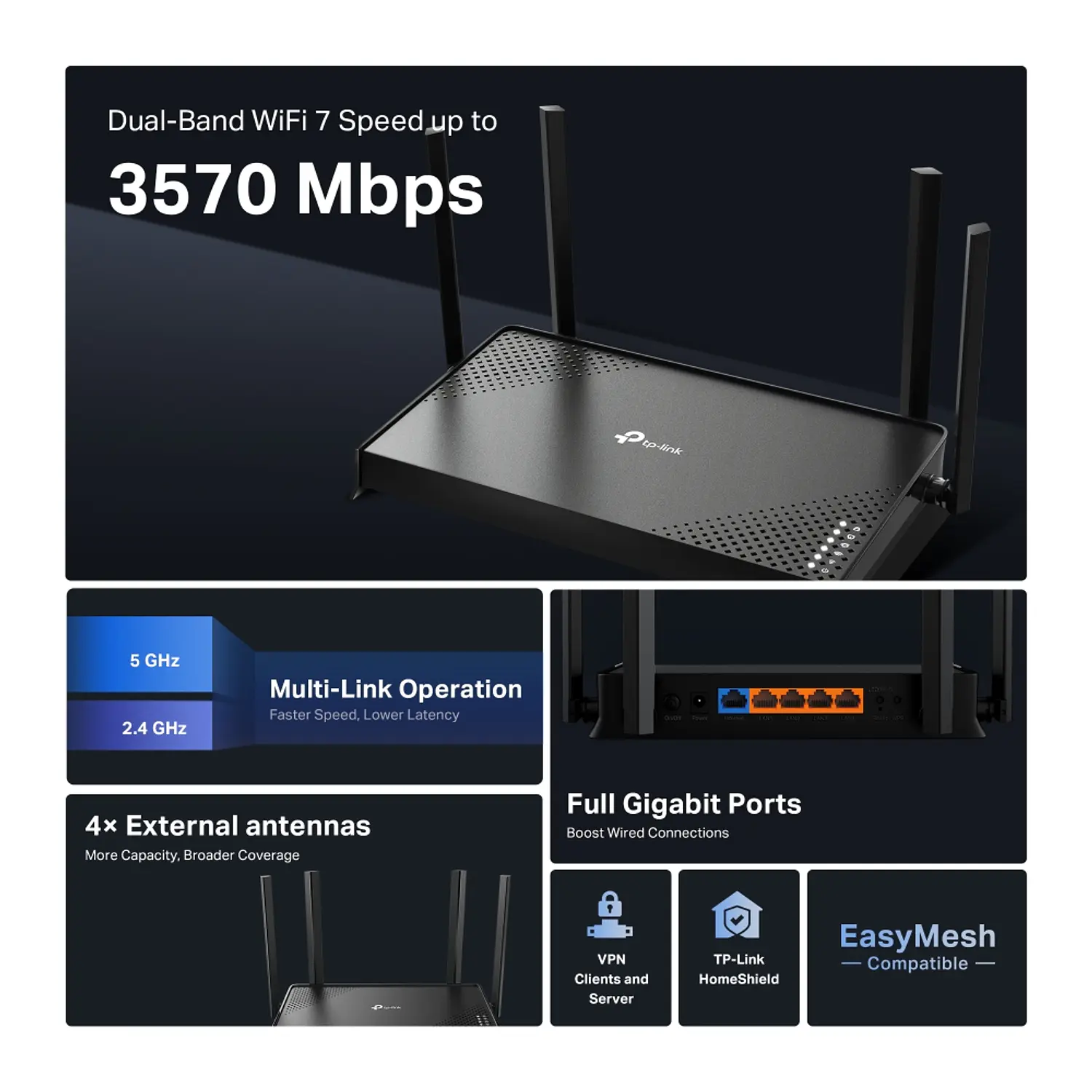 TP-Link Archer BE220 Router Wi-Fi 7 BE3600 Dual Band, 5 Puertos Gigabit, EasyMesh, HomeShield 5